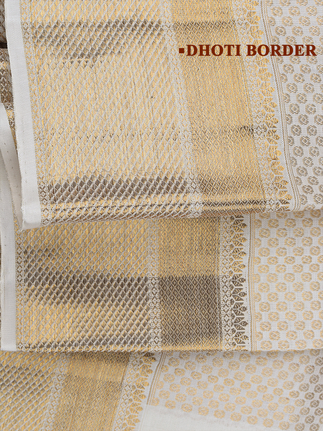 Men Luxury Premium Pure Silk Off White Dhoti & Towel Set with 6" inch Gold Jari Border Amirtham AM14
