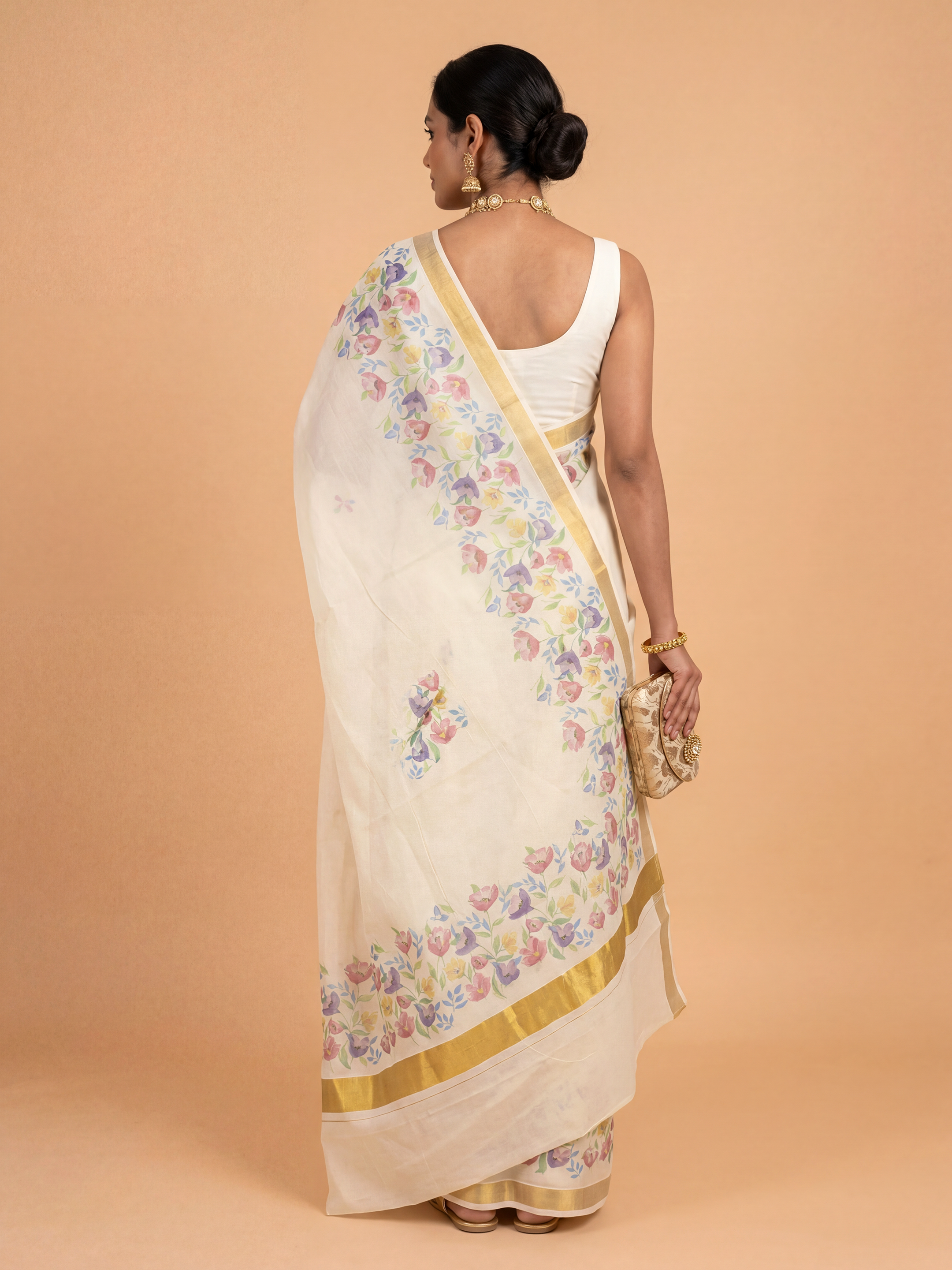 Women Kora Cotton Cream Printed Kerala Saree KLS13