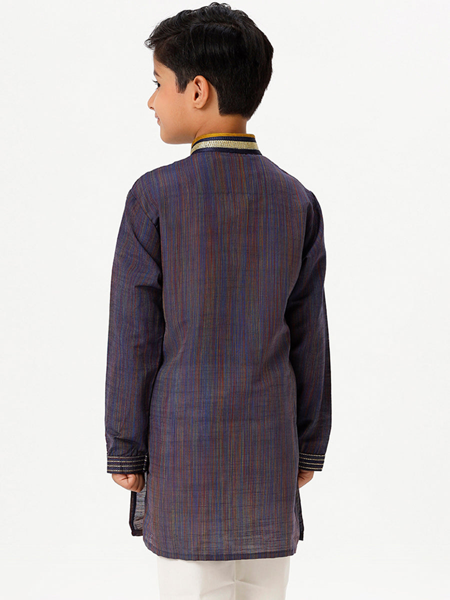 Boys Cotton Embellished Neckline Full Sleeves Navy Blue Kurta-Back view