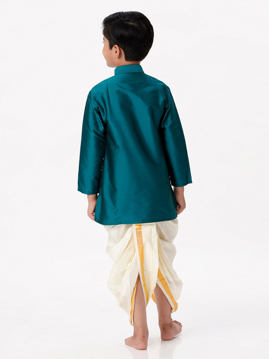 Boys Silk Cotton Full Sleeves Dark Green Kurta with Panchakacham Combo-Back view