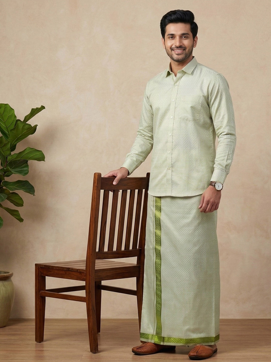 Men Moss Green Tissue Jacquard Shirt with Readymade Dhoti Set MGD12