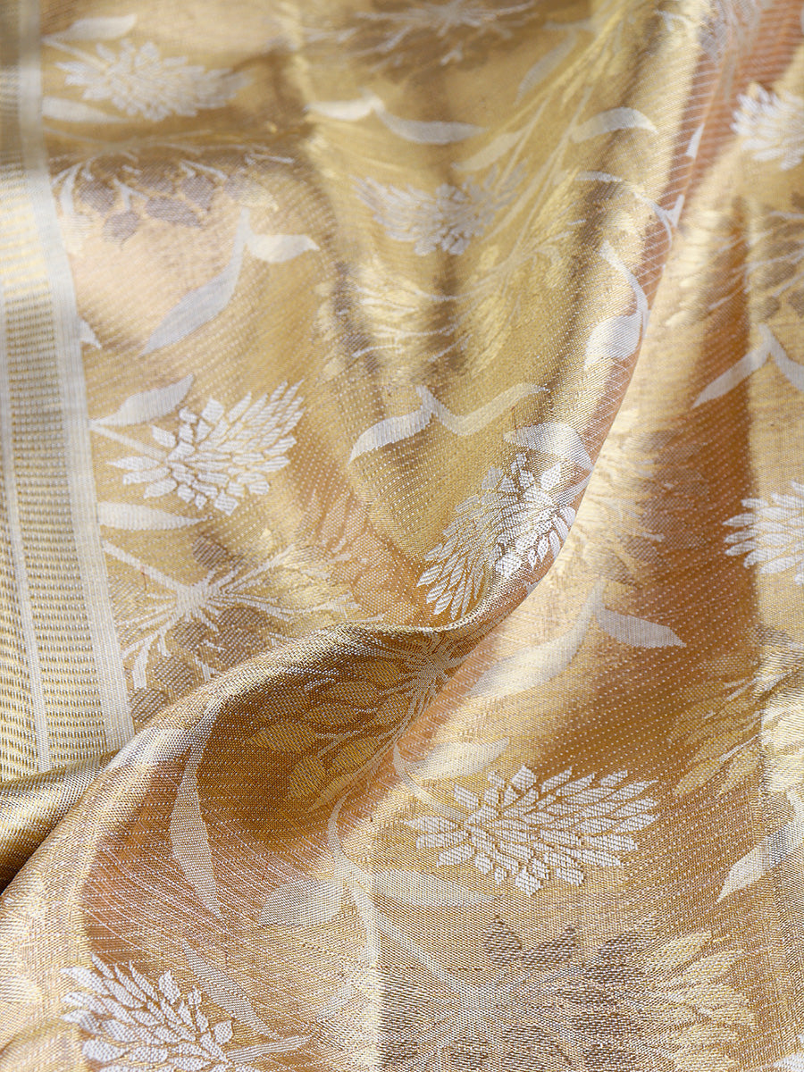 Premium Pure Silk Tissue Jari Dhoti With Angavastram 5" Gold Jari Border Agarshanaa-Pattern view