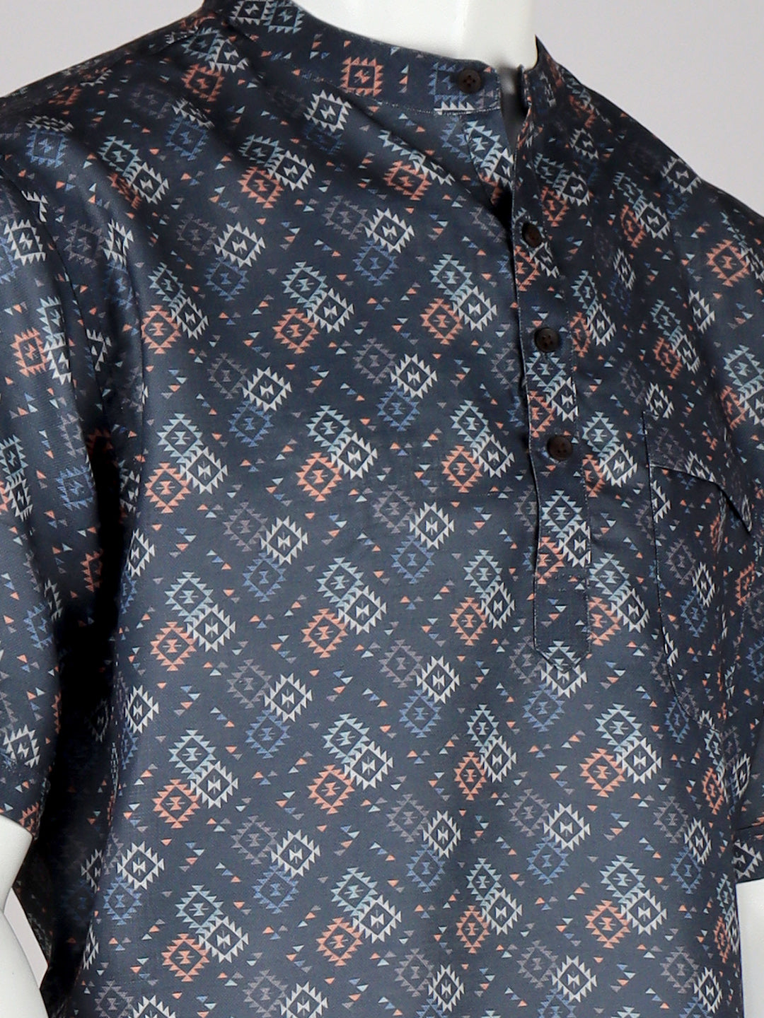 Men Cotton Short Length Printed Pocket Kurta Cadet Grey RI03