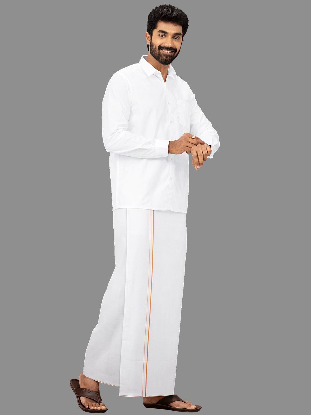 Men Cotton Blend Single Layer White Dhoti with Small Border Moontex