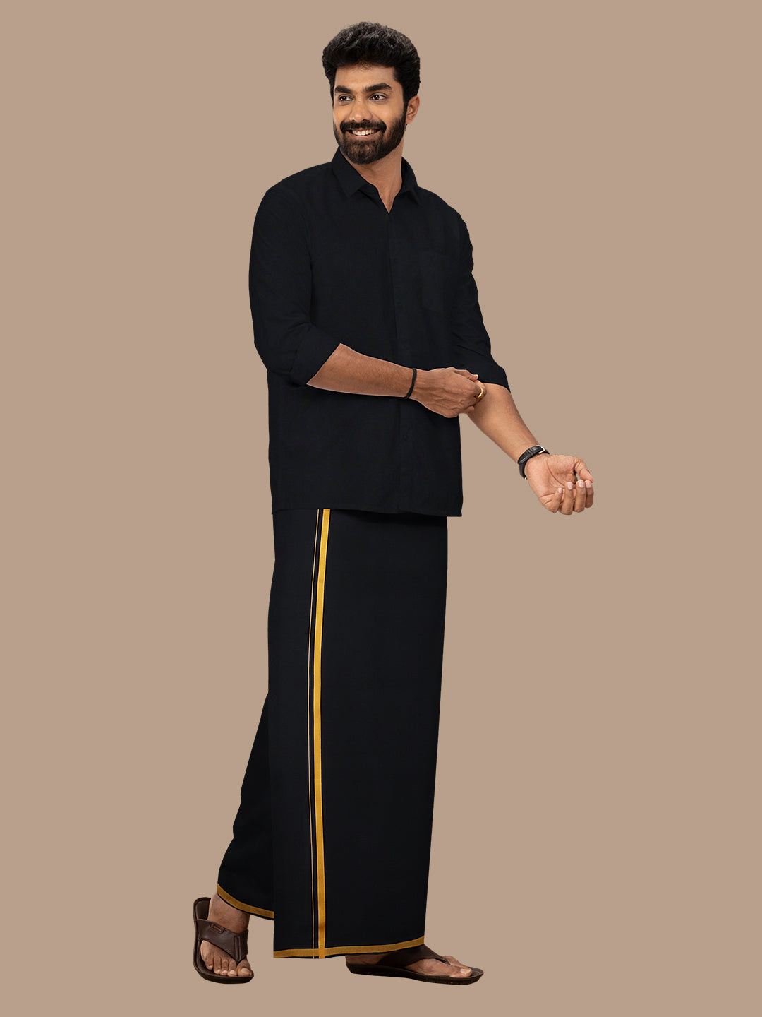 Men Cotton Blend Single Layer Black Dhoti with Gold Jari Border Cosmic