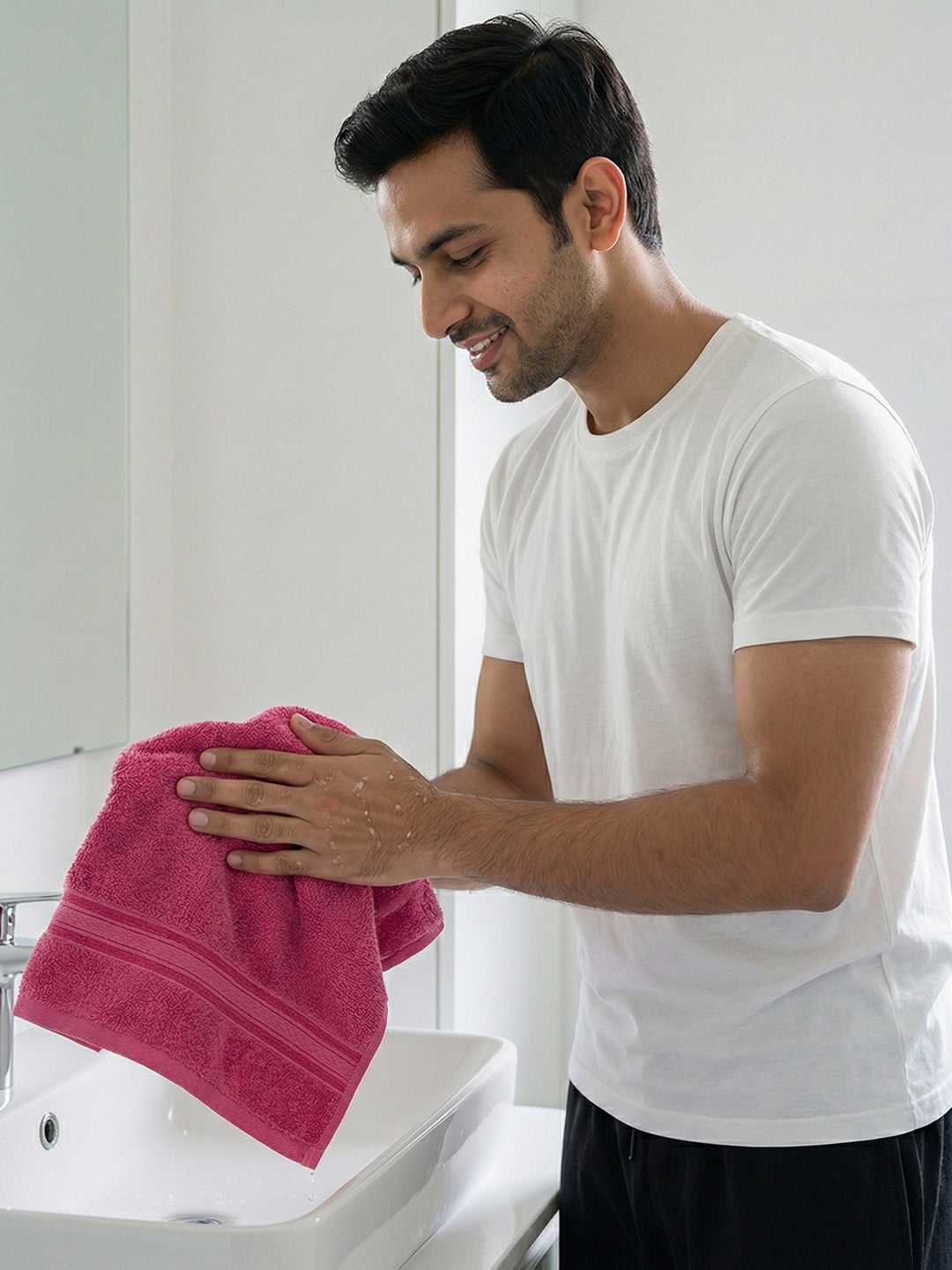 You & Me Premium Soft Terry Cotton Couple Bath, Face & Hand Towels Virtual Pink (Pack Of 6)