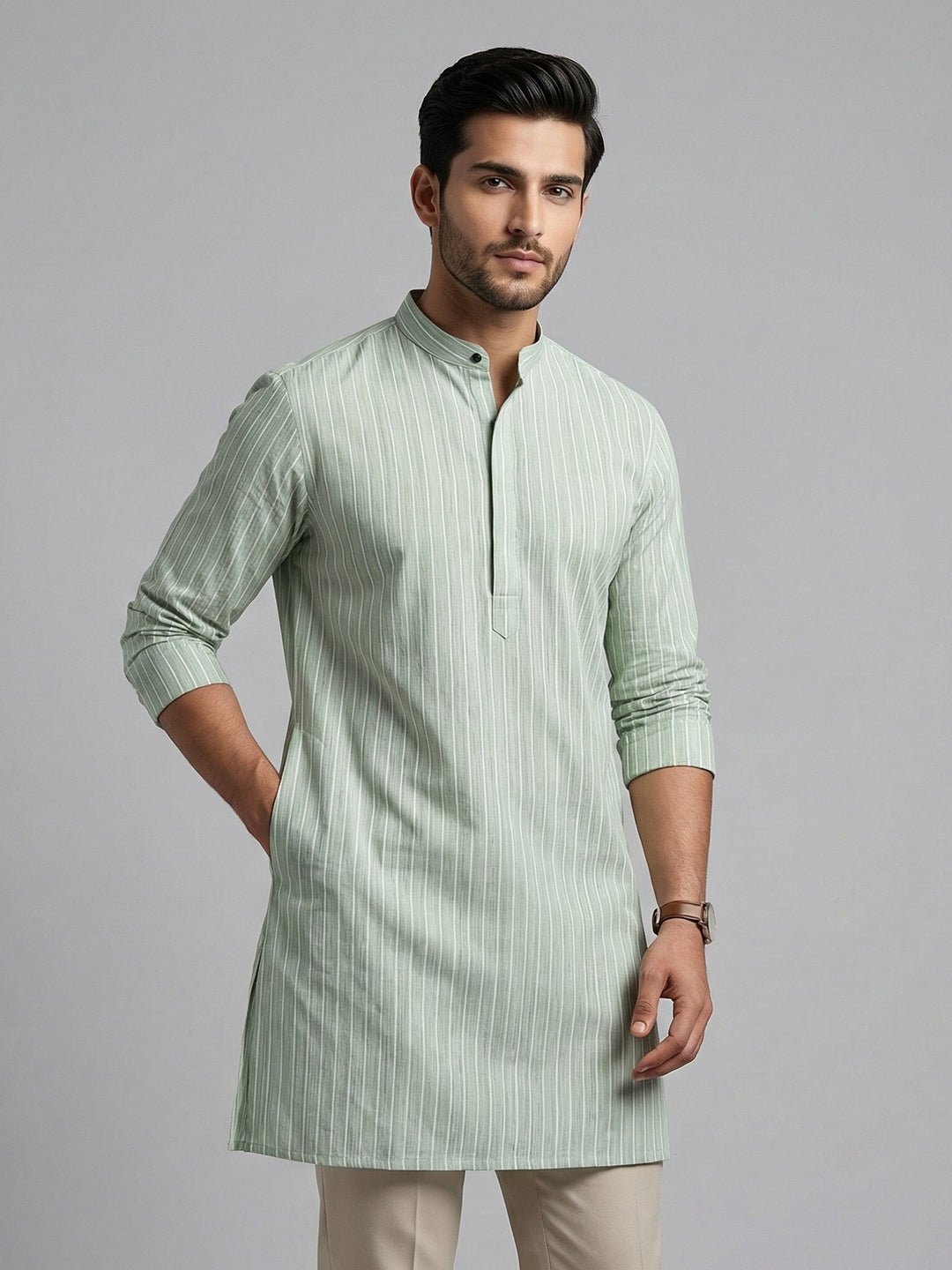 Men Cotton Medium Length Striped Pocket Kurta Light Green RN50