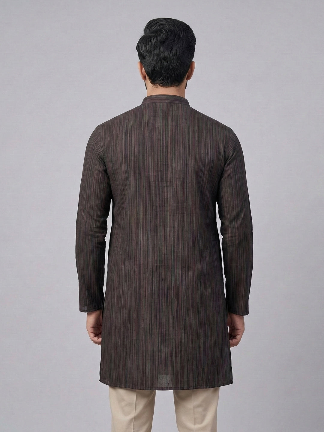 Men Cotton Medium Length Striped Pocket Kurta Brownish Black PE24