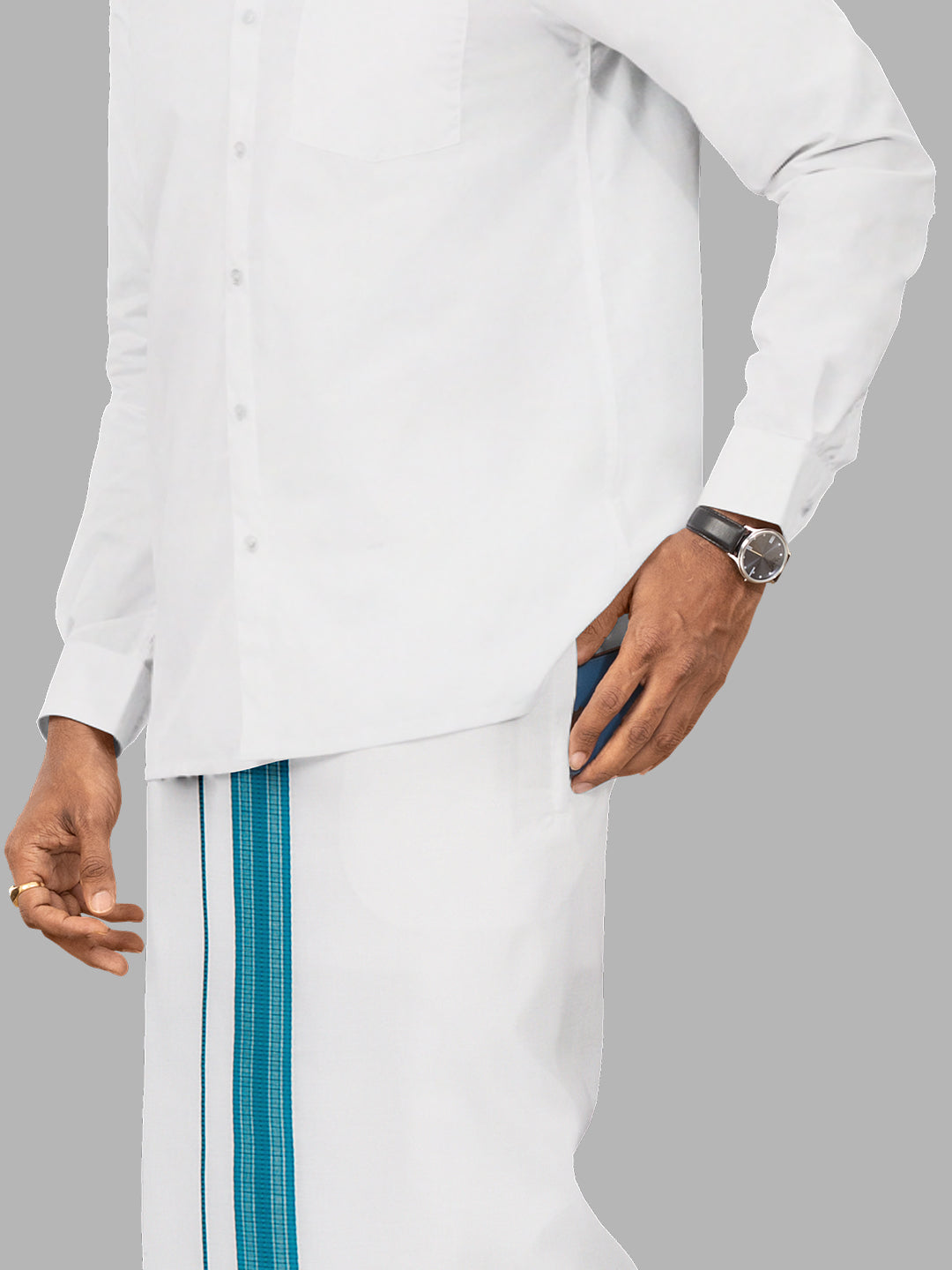 Men Cotton Blend Readymade Single Layer White Dhoti with Fancy Border GACF17