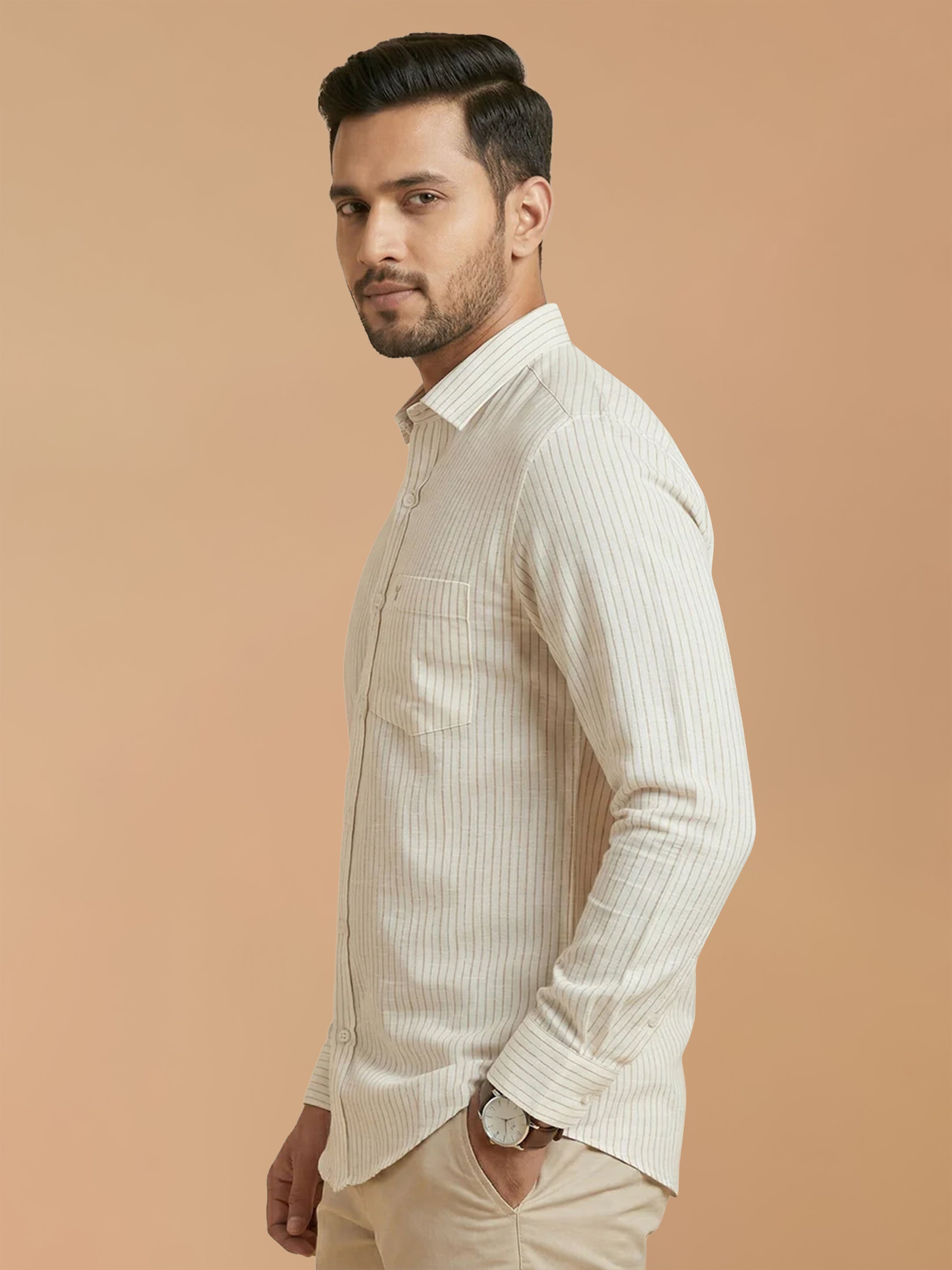 Pure Linen Beige Striped Smart Fit Shirt LS134