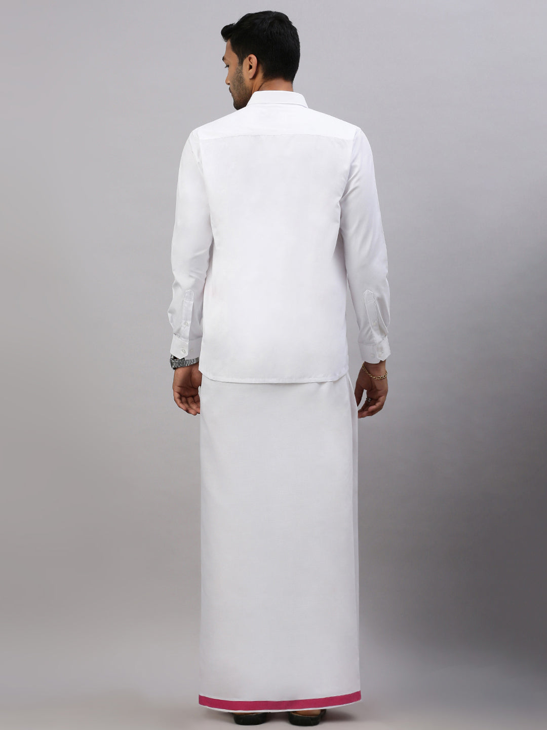 Men Cotton Blend Single Layer White Dhoti with Big Border WS21