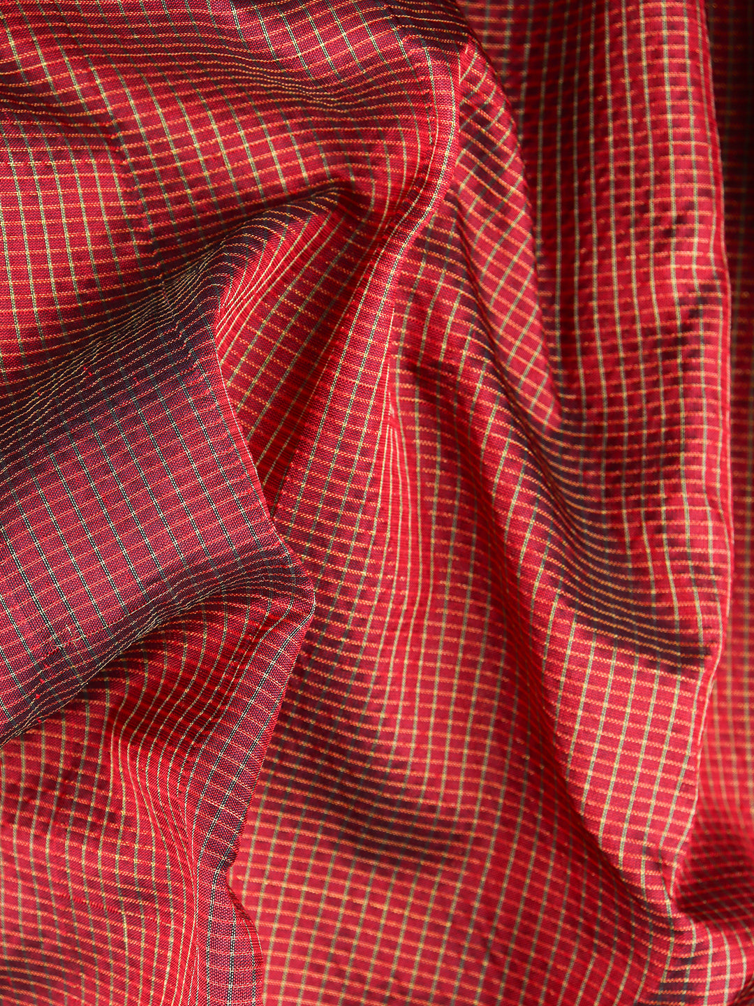 Men Pure Silk Micro Jari Check Shirting Fabric Maroon
