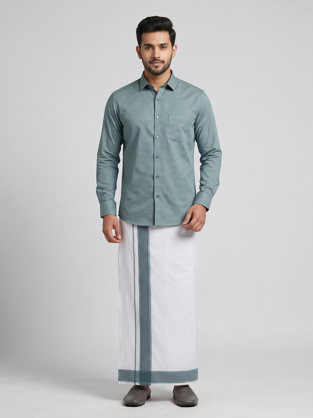 Men Seafoam Green Matching Border Dhoti With Printed Shirt Set Windsor HNJ3