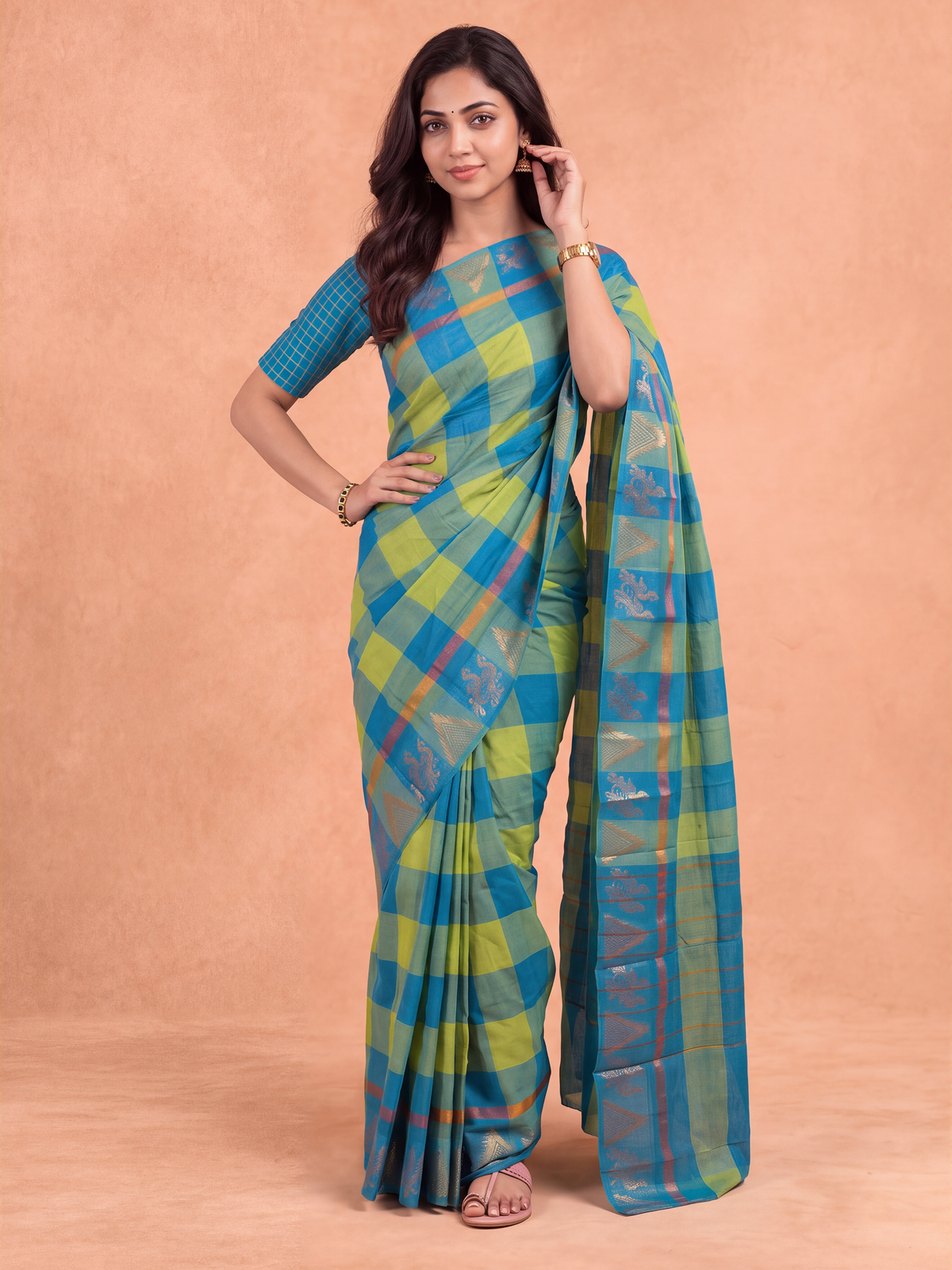Women Chettinad Cotton Blue with Green Saree CCS19