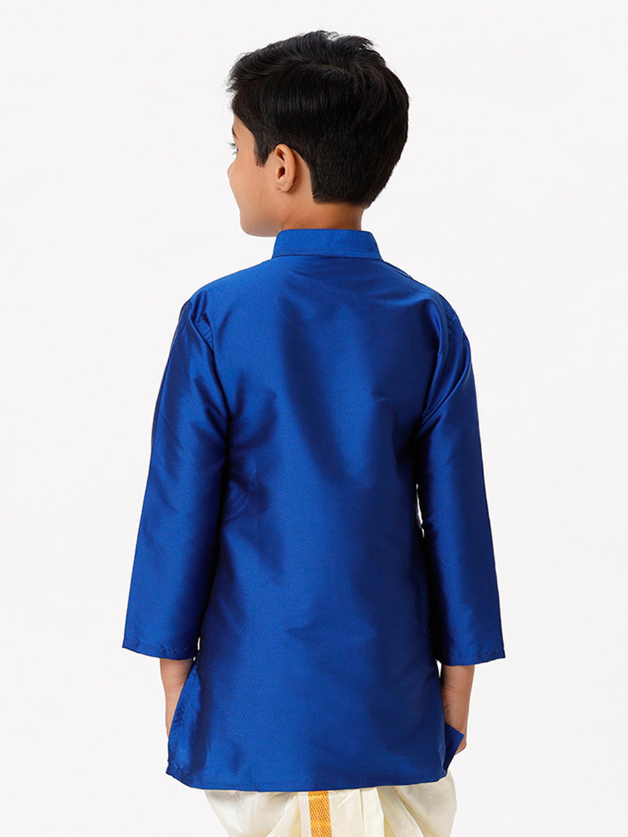 Boys Silk Cotton Full Sleeves Royal Blue Kurta-Back view
