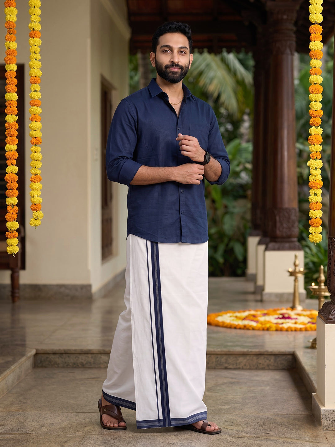 Double Layer 100% Cotton White Dhoti with Fancy Jari Border - EJF24