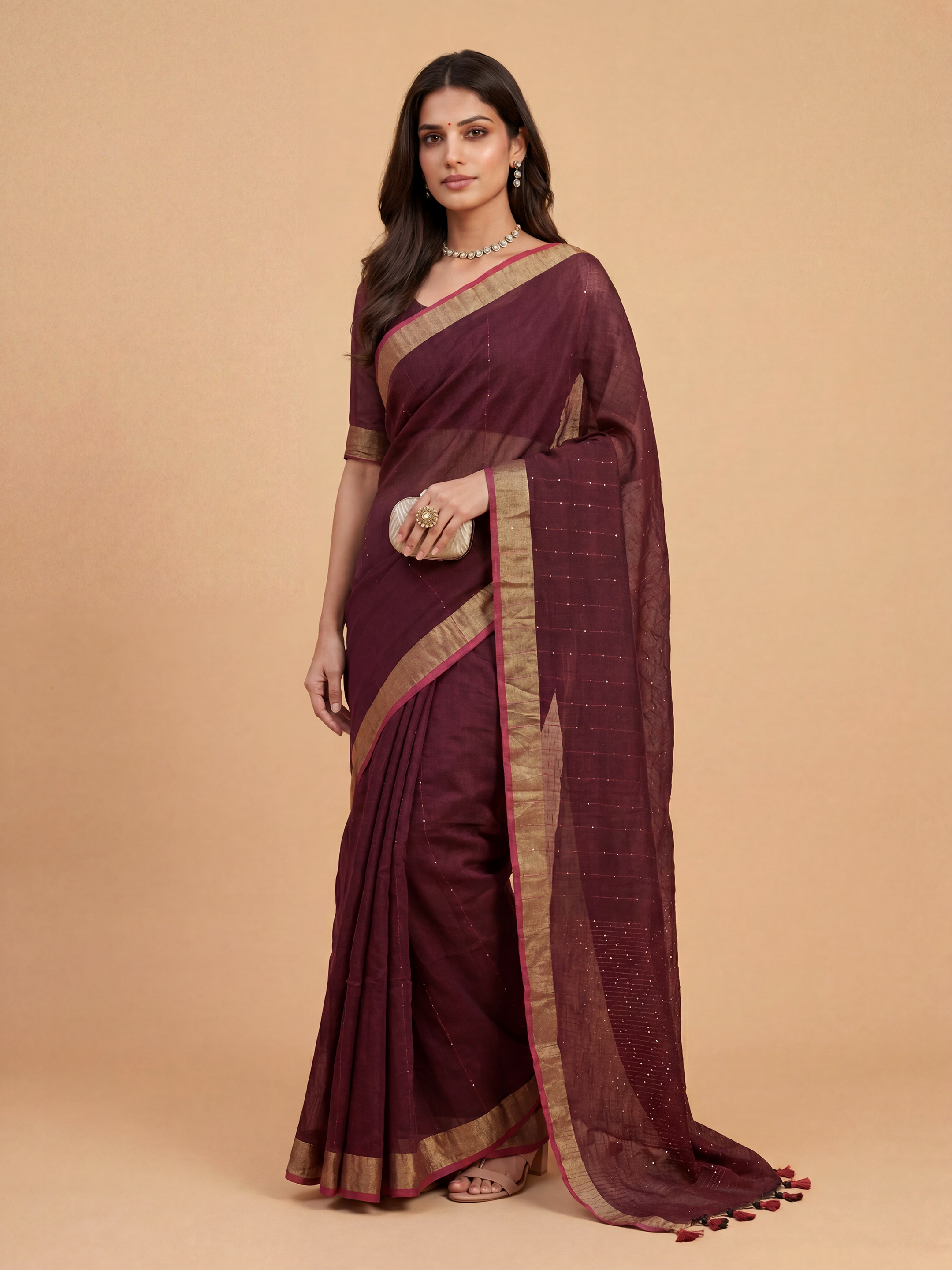 Women Semi Linen Dark Violet Saree SL253