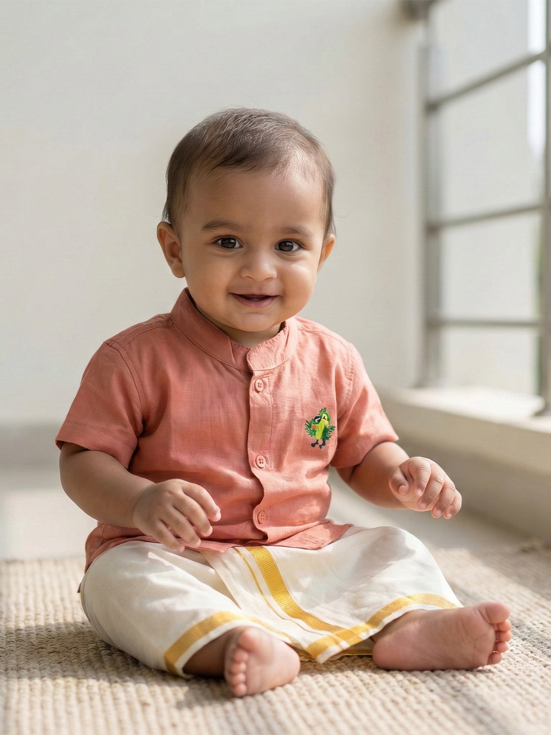 Born Baby Traditional Shirt with Dhoti and Panchakacham Set Pink