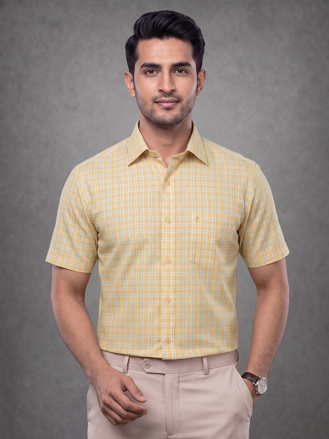 Prima Club Premium Cotton Dobby Yellow Blue Checked Regular Fit Shirt SRBM5