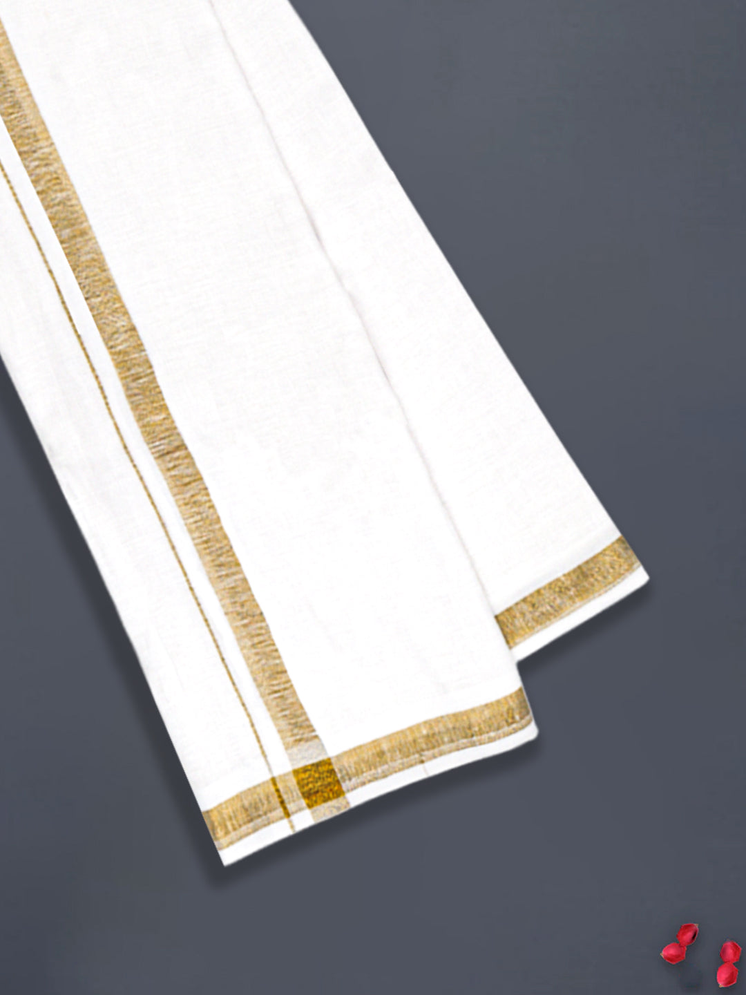 Men Pure Linen Double Layer White Dhoti with Gold Jari Border