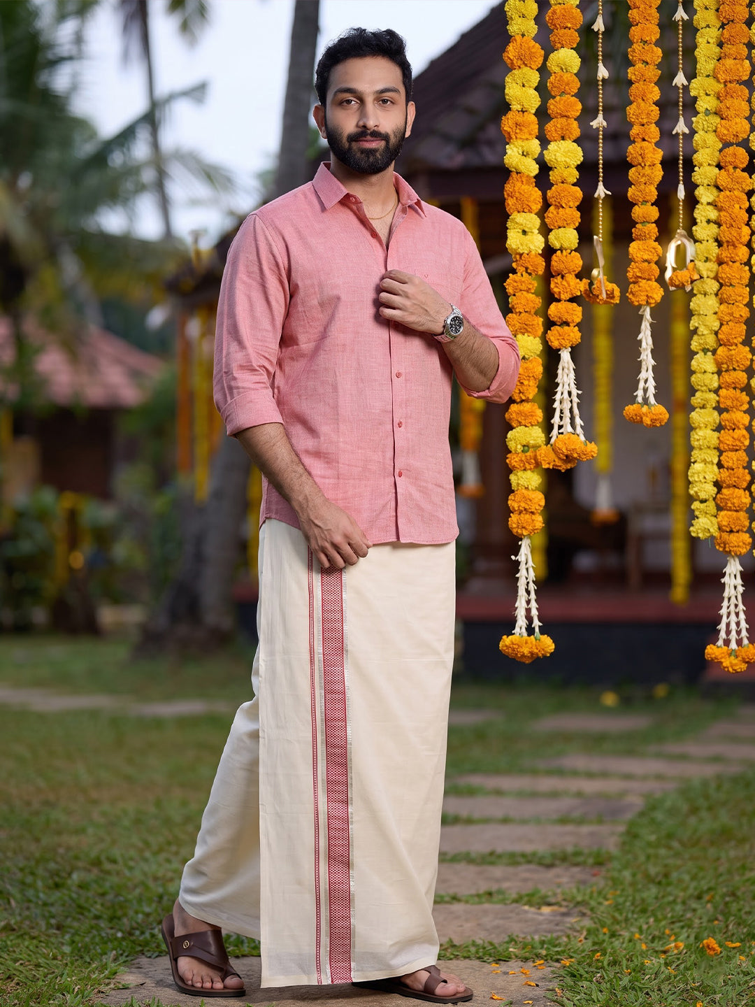 Double Layer Giza Cotton Cream Kora Dhoti with Colour Jari Border - LC41