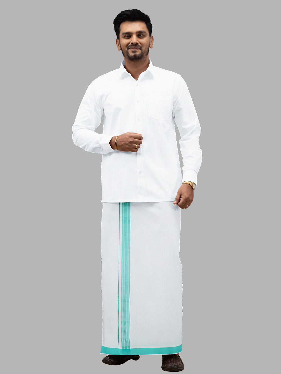 Men Cotton Blend Readymade Single Layer White Dhoti with Fancy Border GACF13