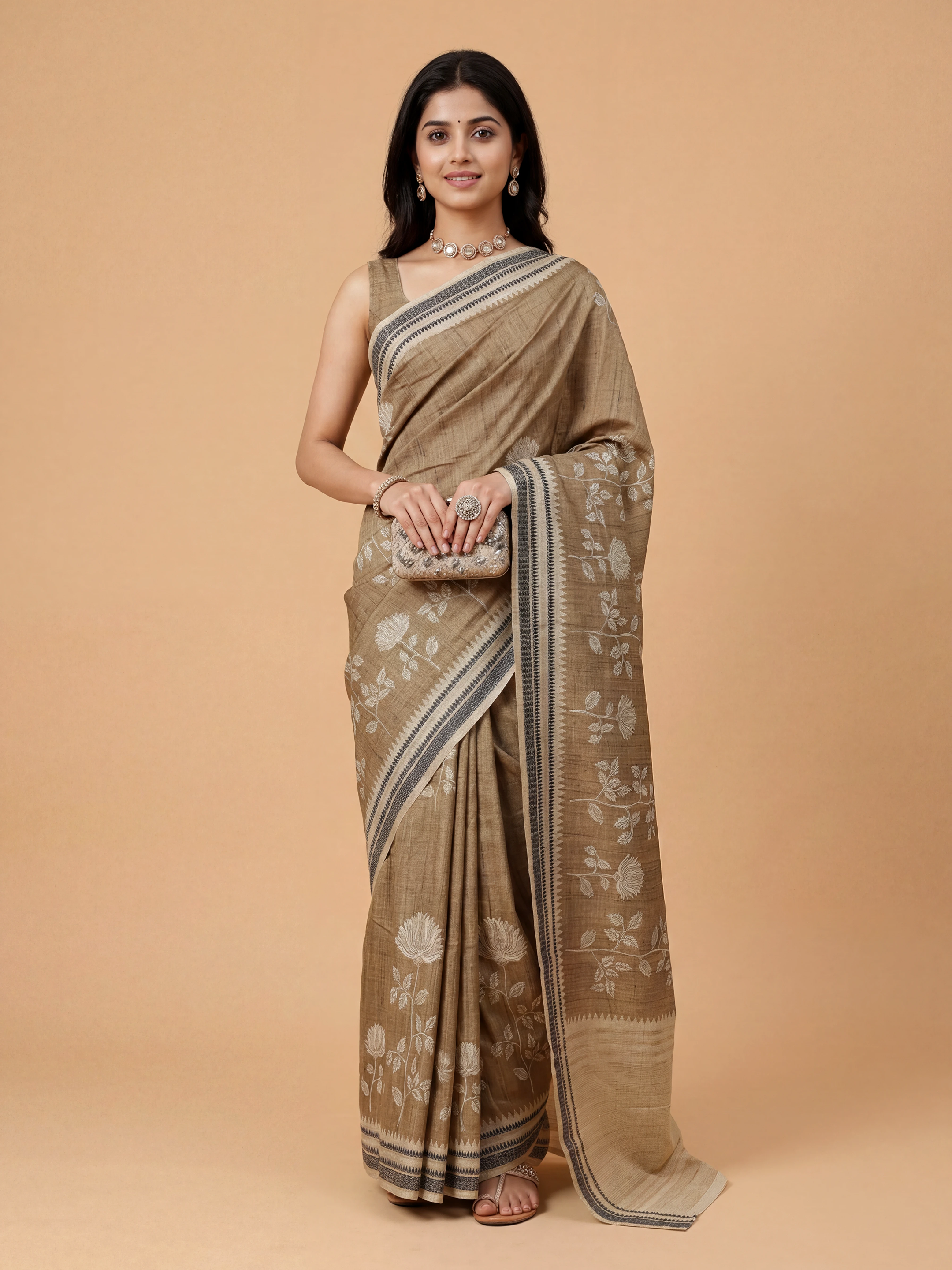 Women Semi Tussar Printed Olive Green Saree ST342