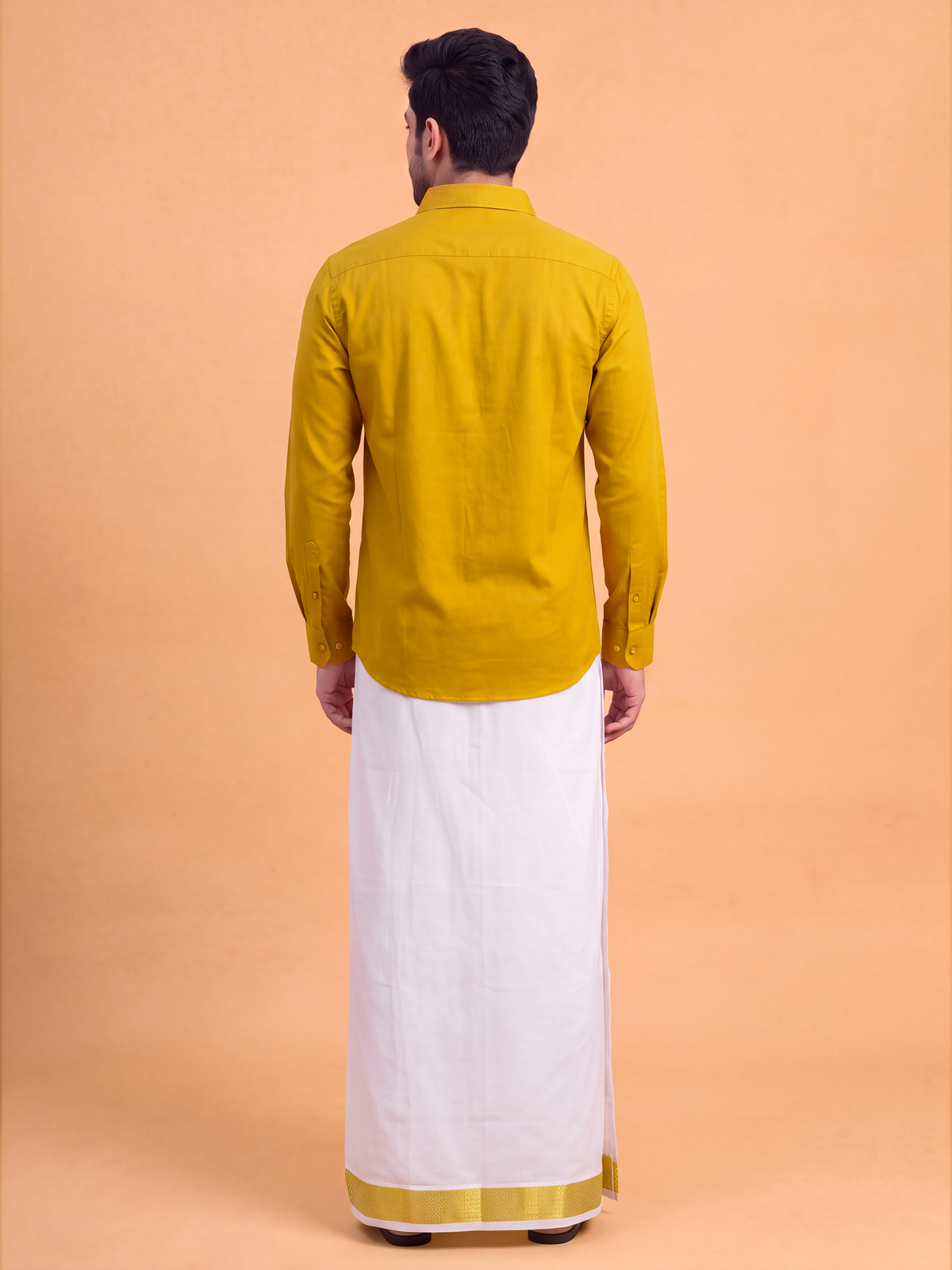 100% Cotton Orange Shirt and Colour Jari Border Dhoti Set BT4