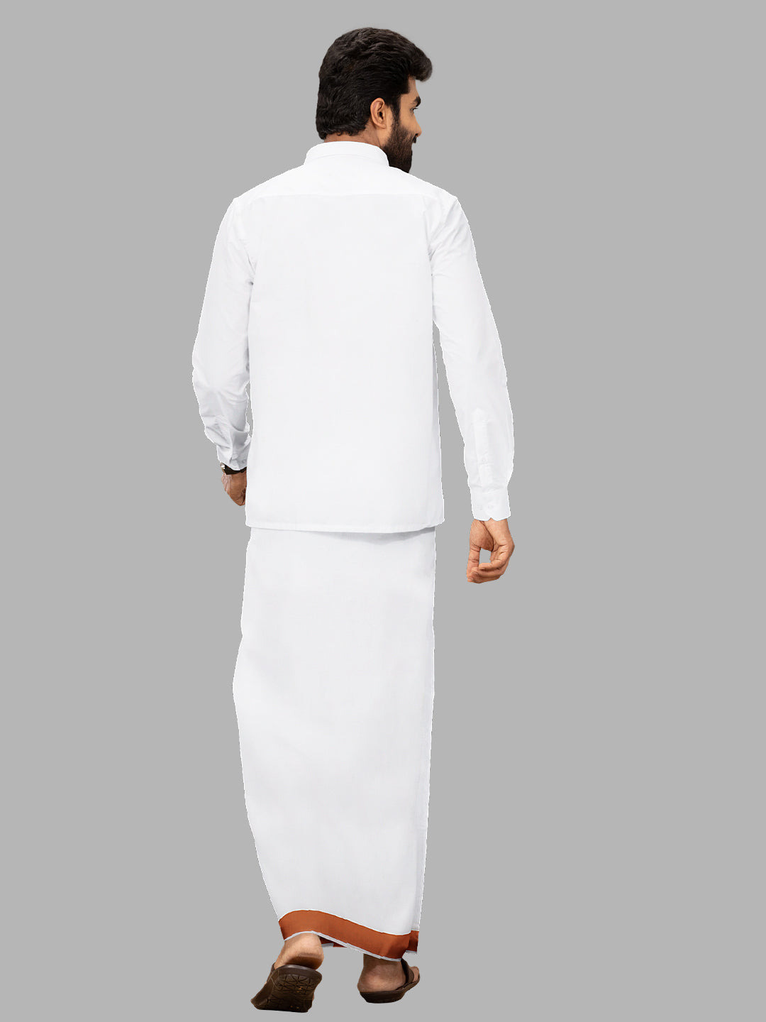 Men Cotton Blend Readymade Single Layer White Dhoti with Big Border GACS6