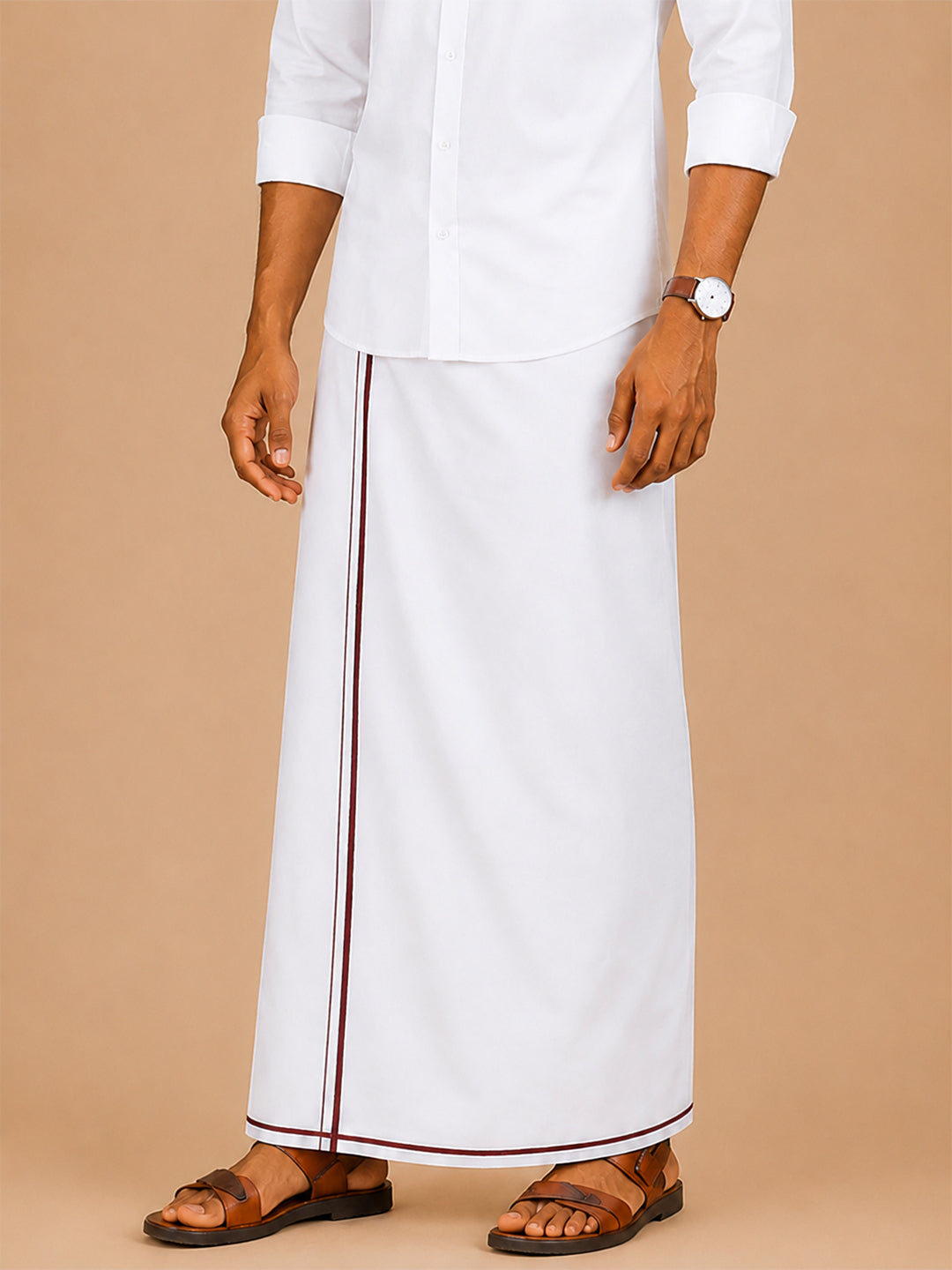Single Layer Cotton Blend White Dhoti with Small Border - Kiruba KB01