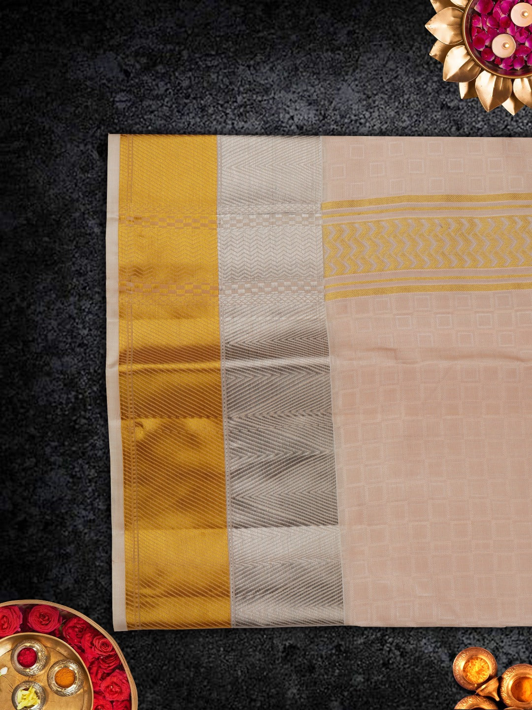 Pure Silk Rose Gold 3" Gold & Silver Jari Border Dhoti With Towel Thirukalyan-View four