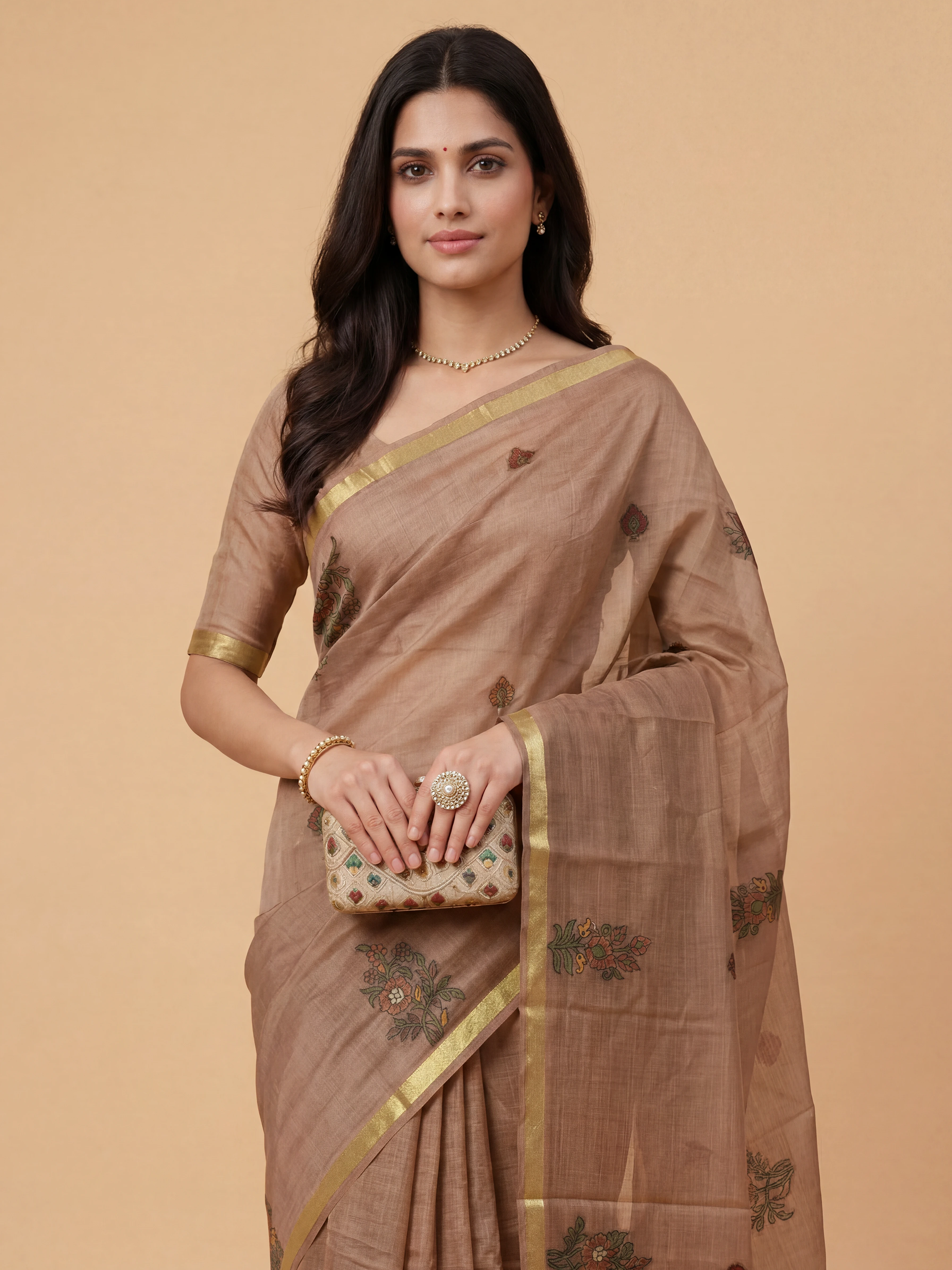 Women Pure Cotton Printed Dark Peach Saree PCS271