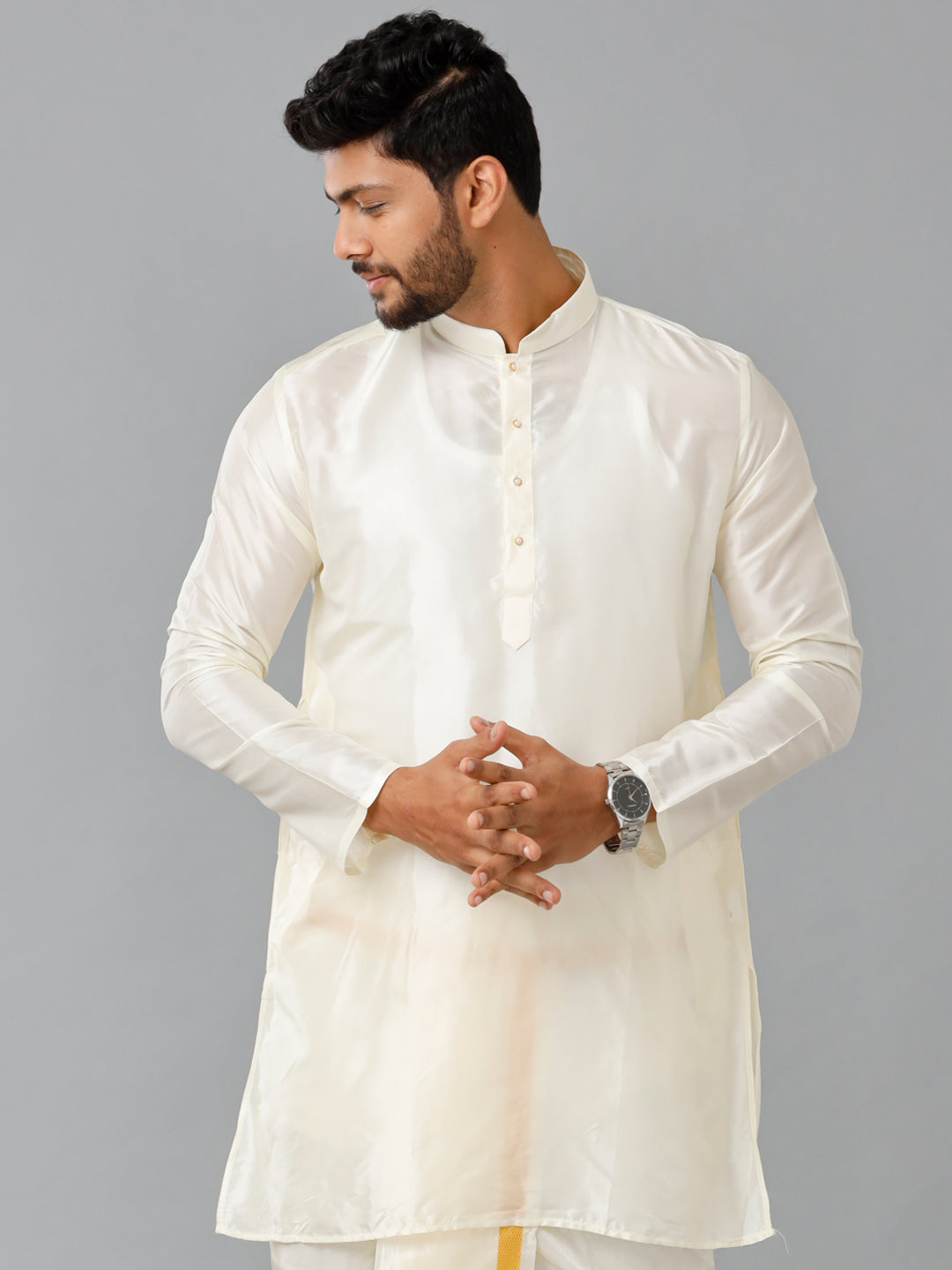 Men Soft Silk Medium Length Plain Kurta Cream