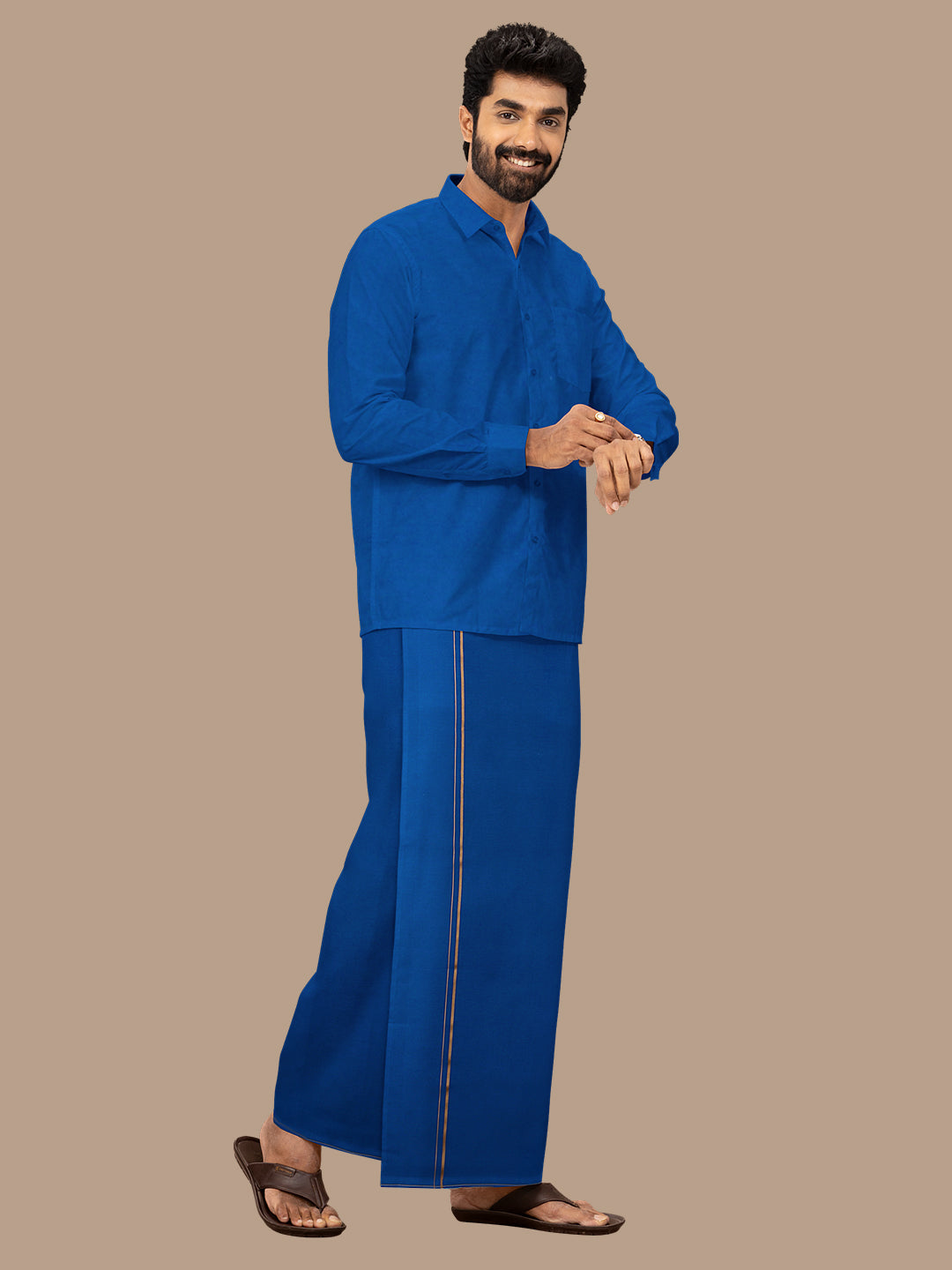 Men 100% Cotton Single Layer Blue Dhoti with Assorted Border Poojan SB