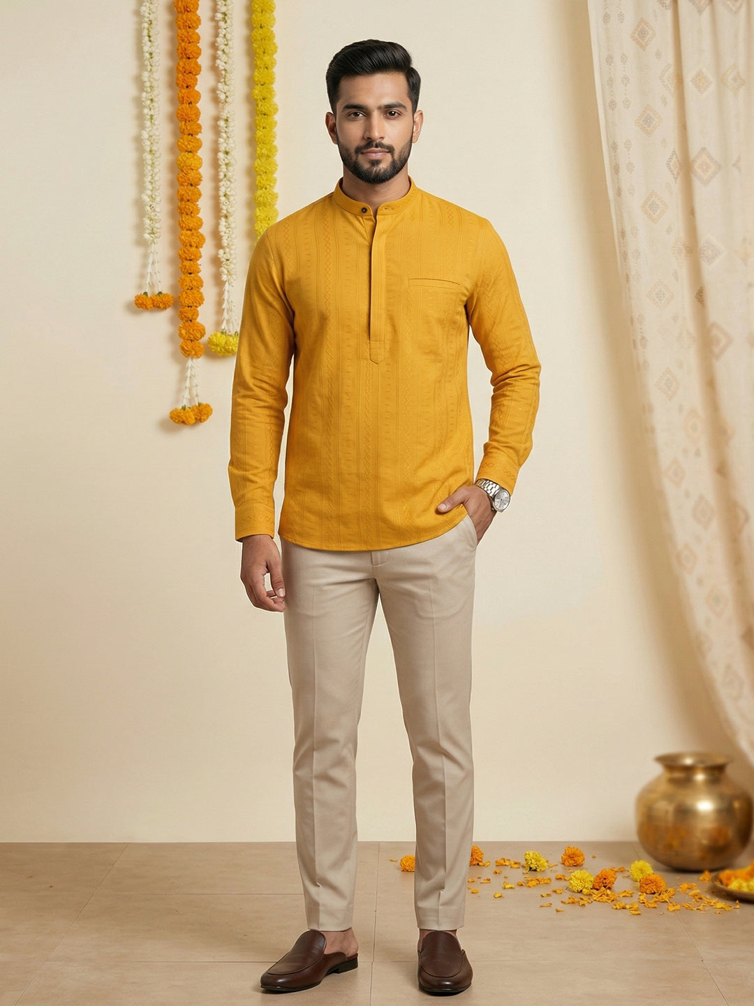 Cotton Short Length Self Design Pocket Kurta Turmeric Yellow Y31