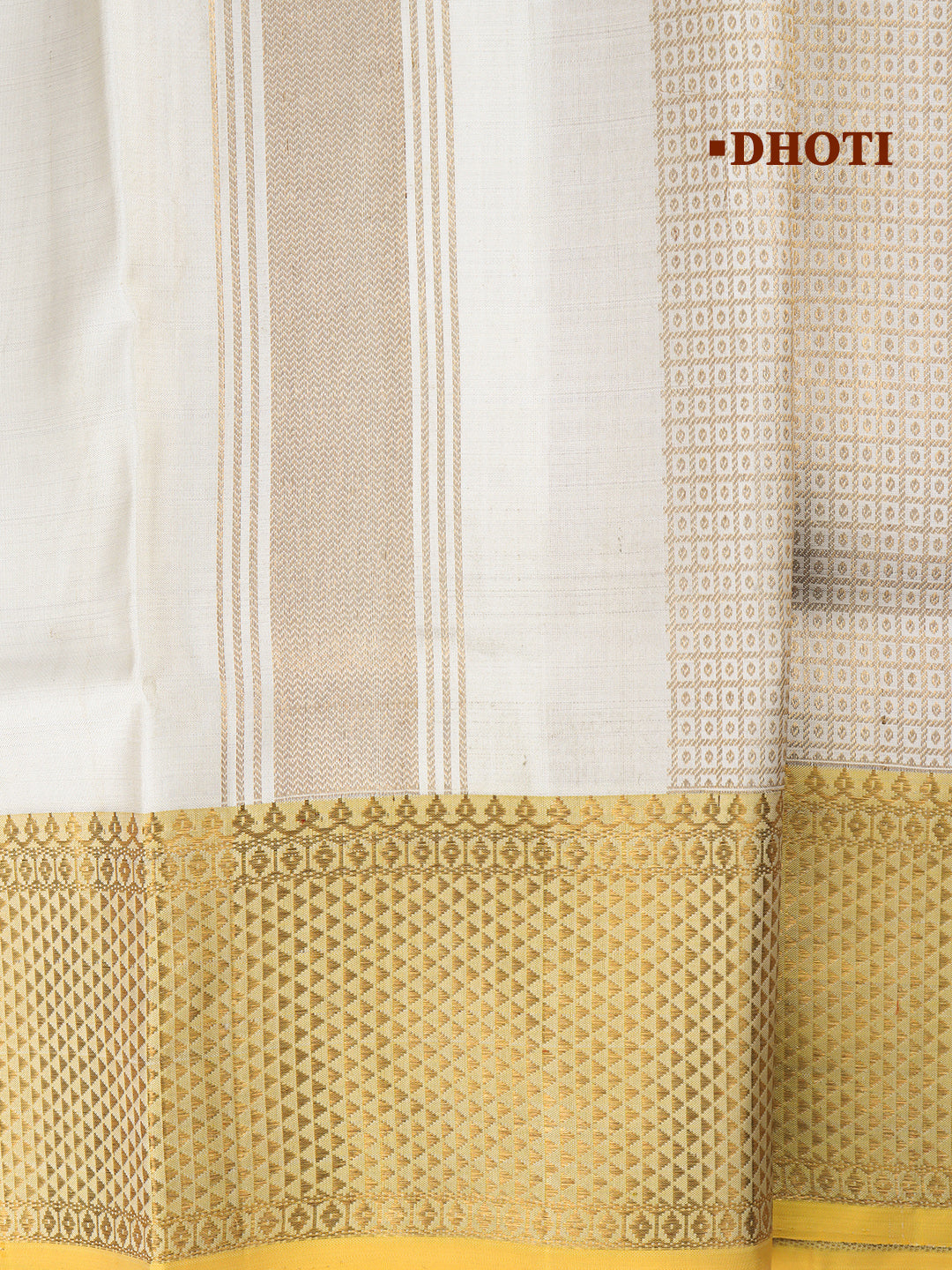 Men Elegant OffWhite Pure Silk Dhoti & Towel Set with 6" inch Gold Jari Border Amirtham AM20