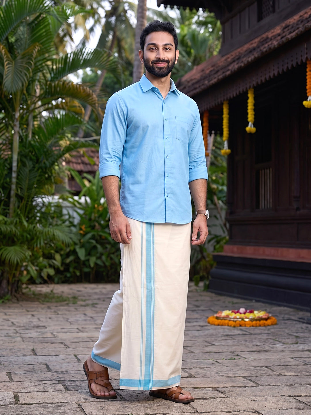 Double Layer 100% Cotton Cream Kora Dhoti with Colour Border - CFD02