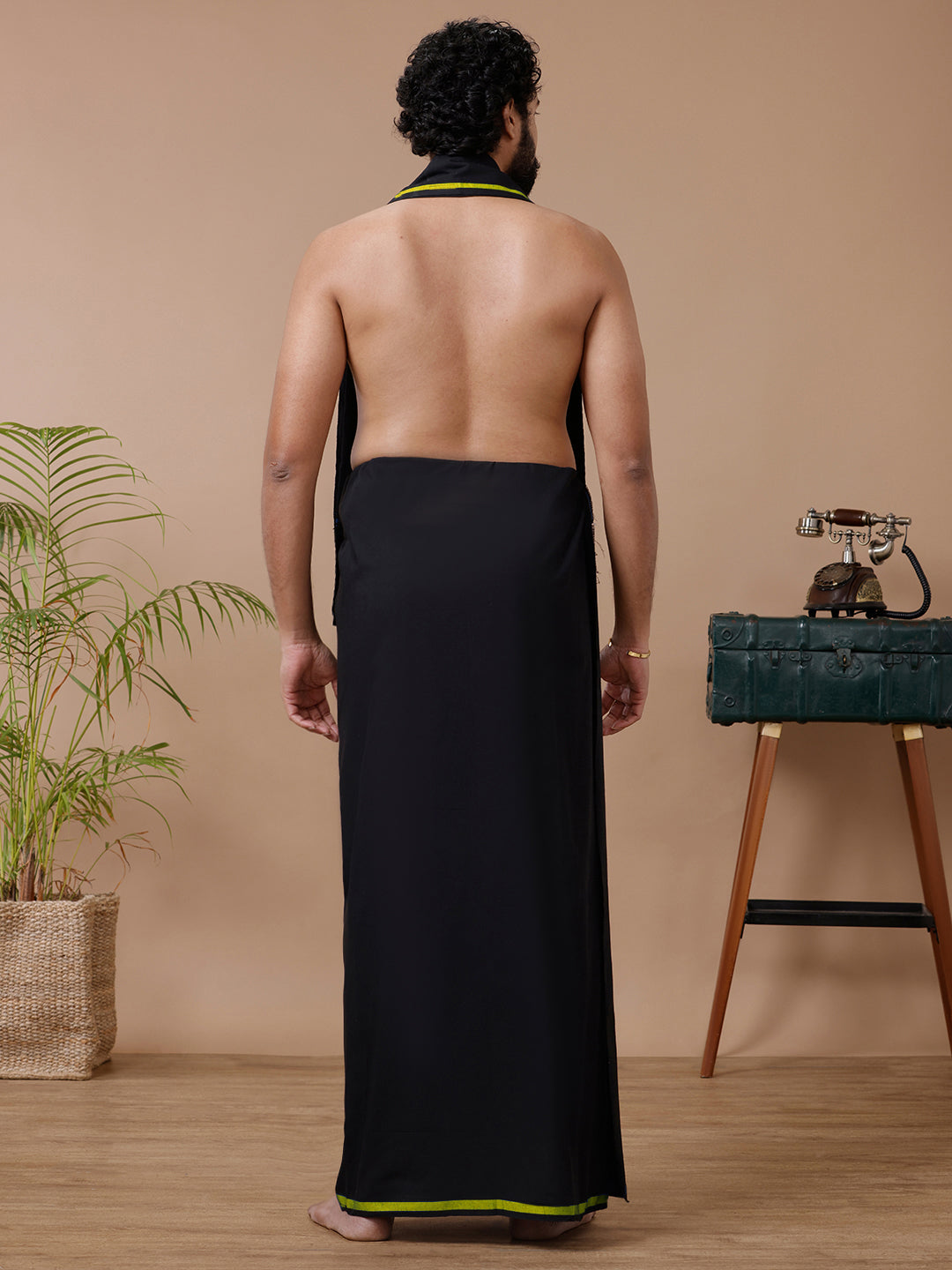 Men Cotton Blend Single Layer Black Dhoti & Towel Set with Green Big Border Makara Jyoti