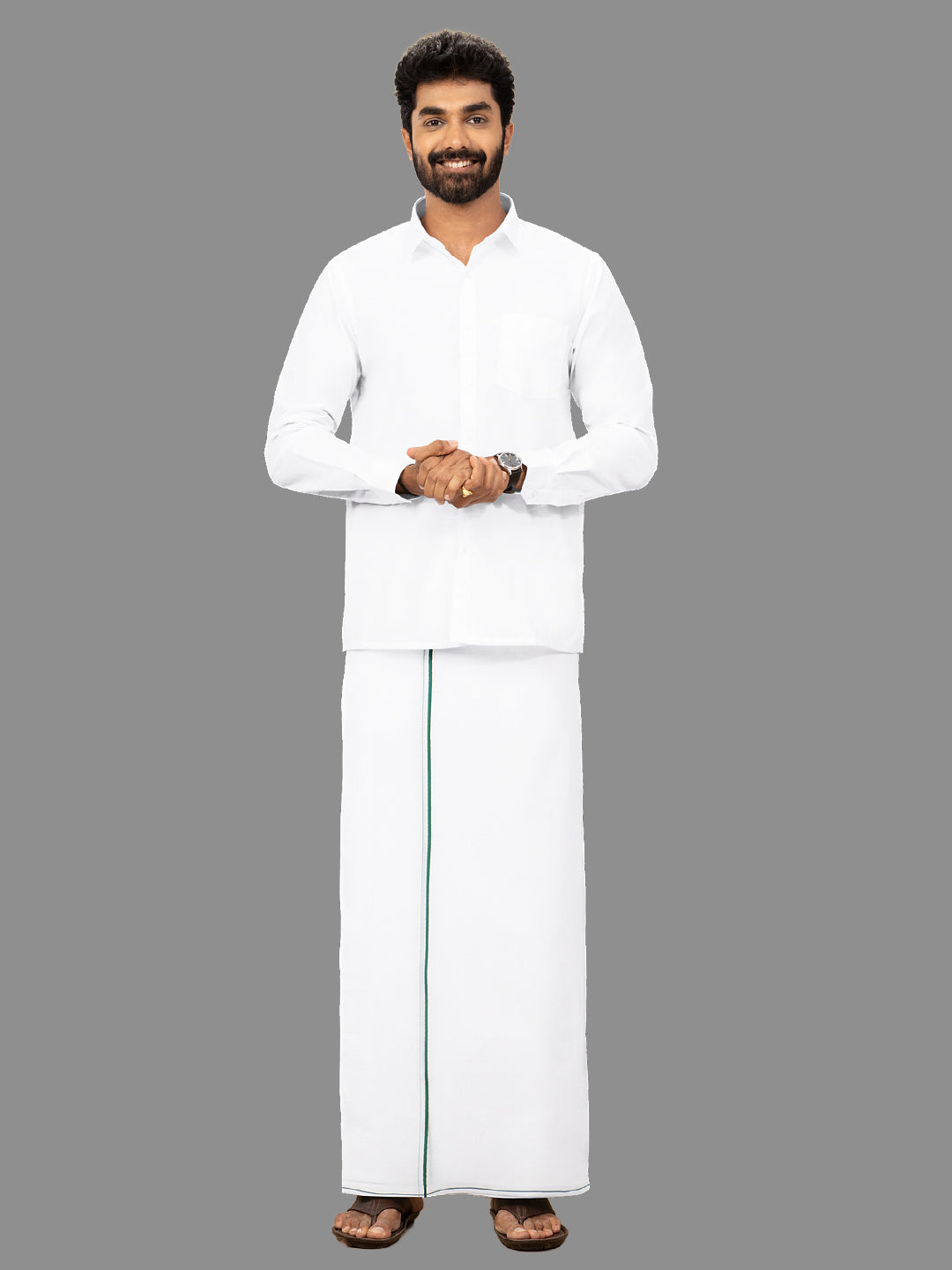 Men Cotton Blend Double Layer White Dhoti with Small Border Gold Win Spl