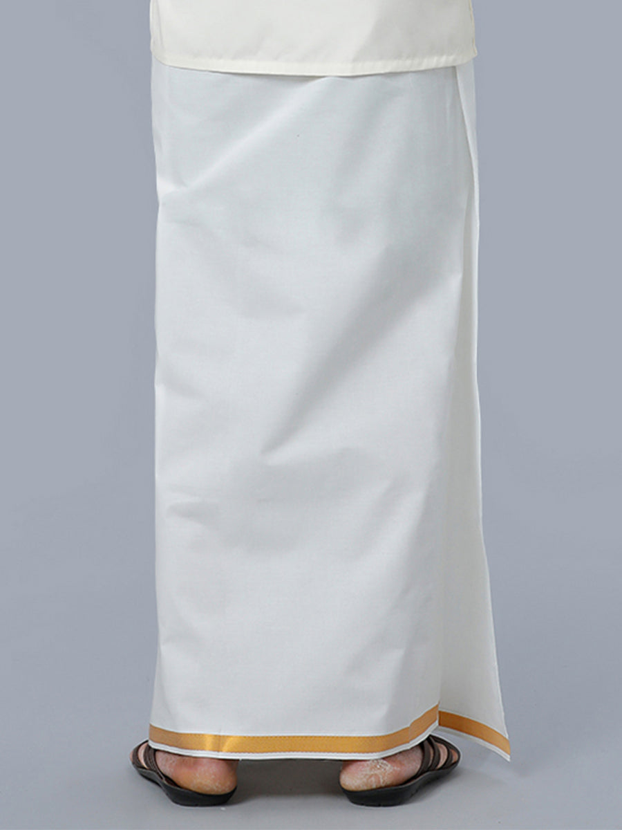 Men 100% Cotton Single Layer Cream Dhoti with 3/4" Gold Jari Border Maestro