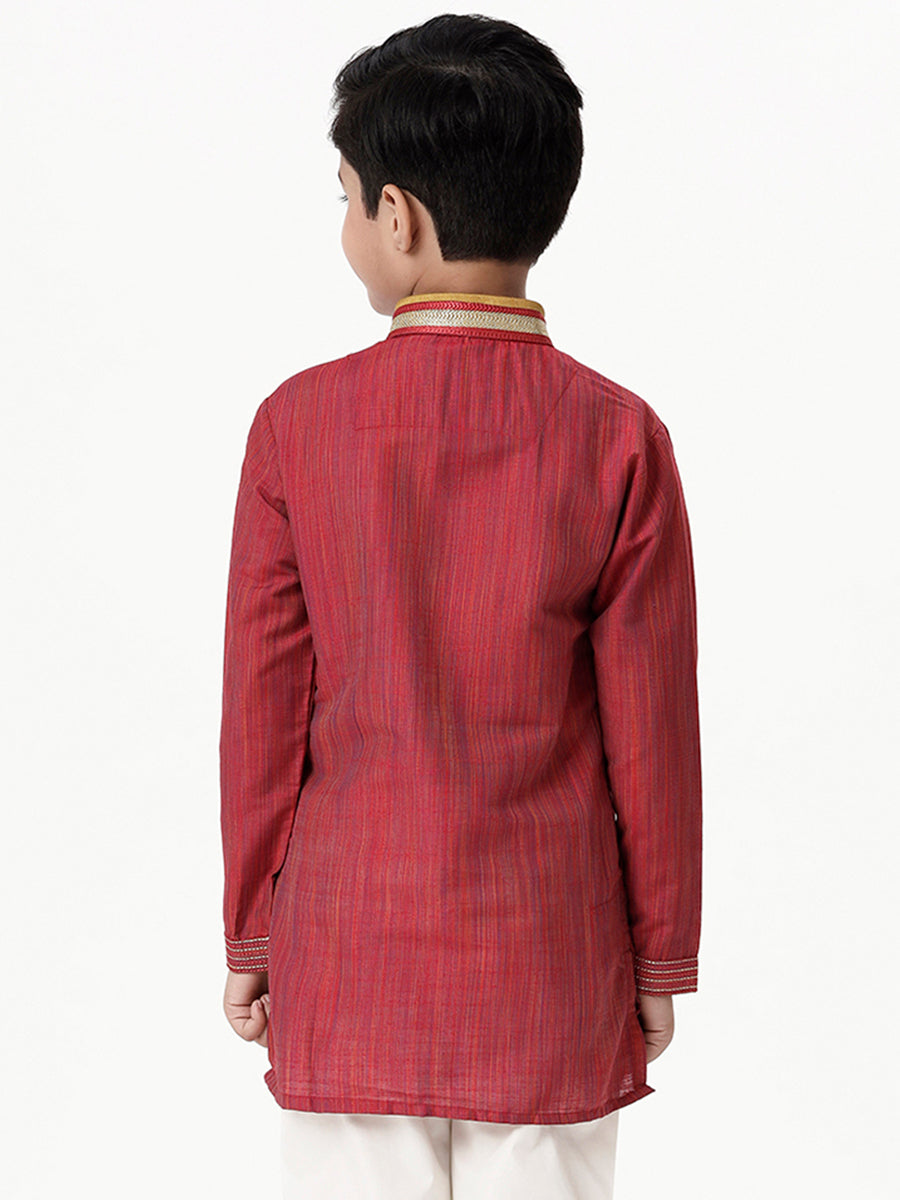 Boys Cotton Embellished Neckline Full Sleeves Red Kurta-Back vie