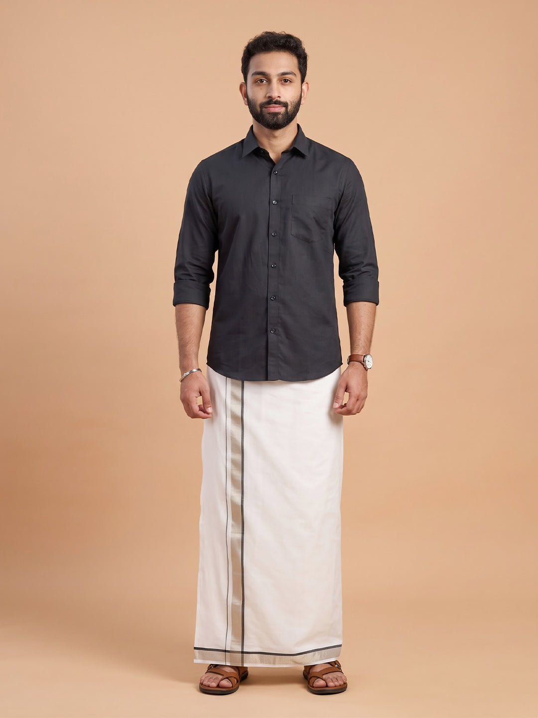 Double Layer 100% Cotton White Dhoti with Colour Jari Border - LC53
