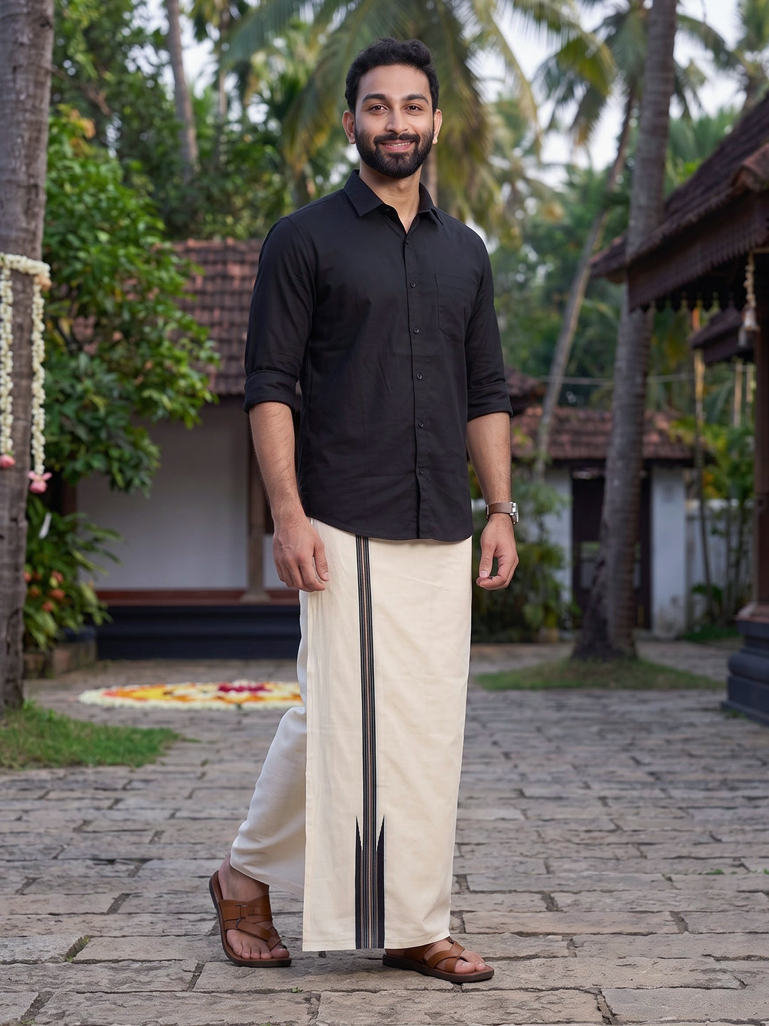 Double Layer 100% Cotton Cream Dhoti with Colour Jari Border - LC50