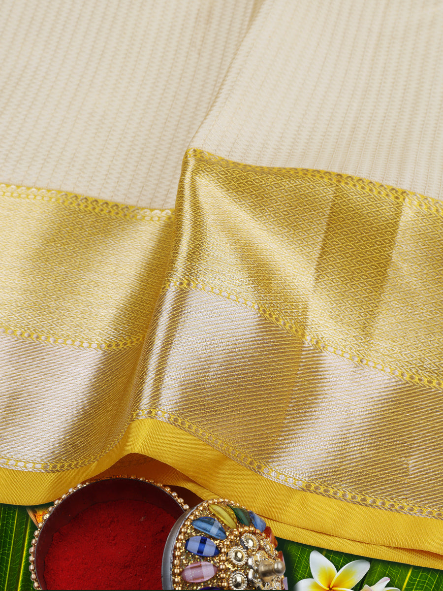 Premium Pure Silk Cream Dhoti With Angavastram  3" Yellow Fancy Jari Border Agarshanaa-Zoom view
