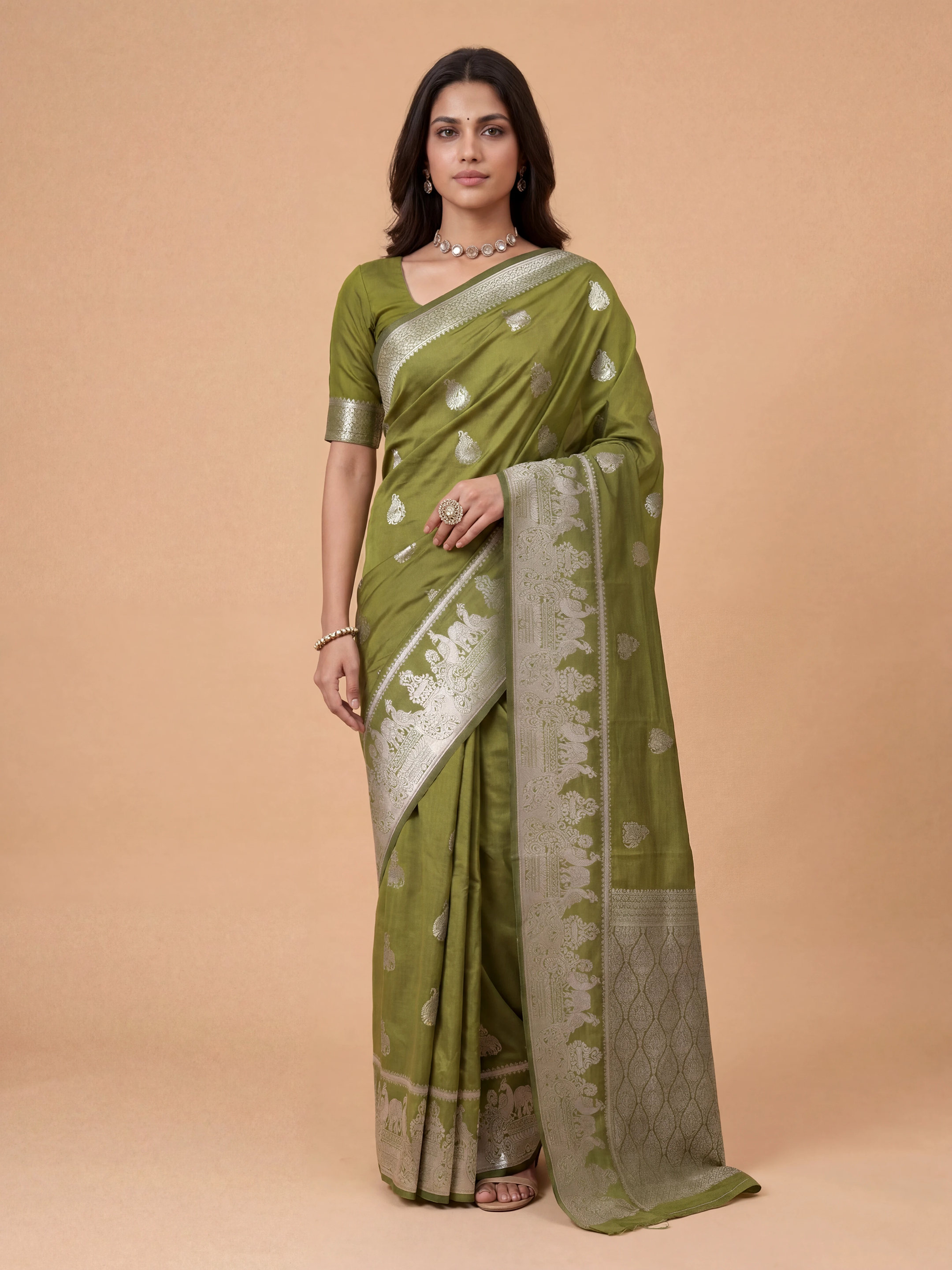 Women Semi Raw Silk Olive Green Saree SRS119