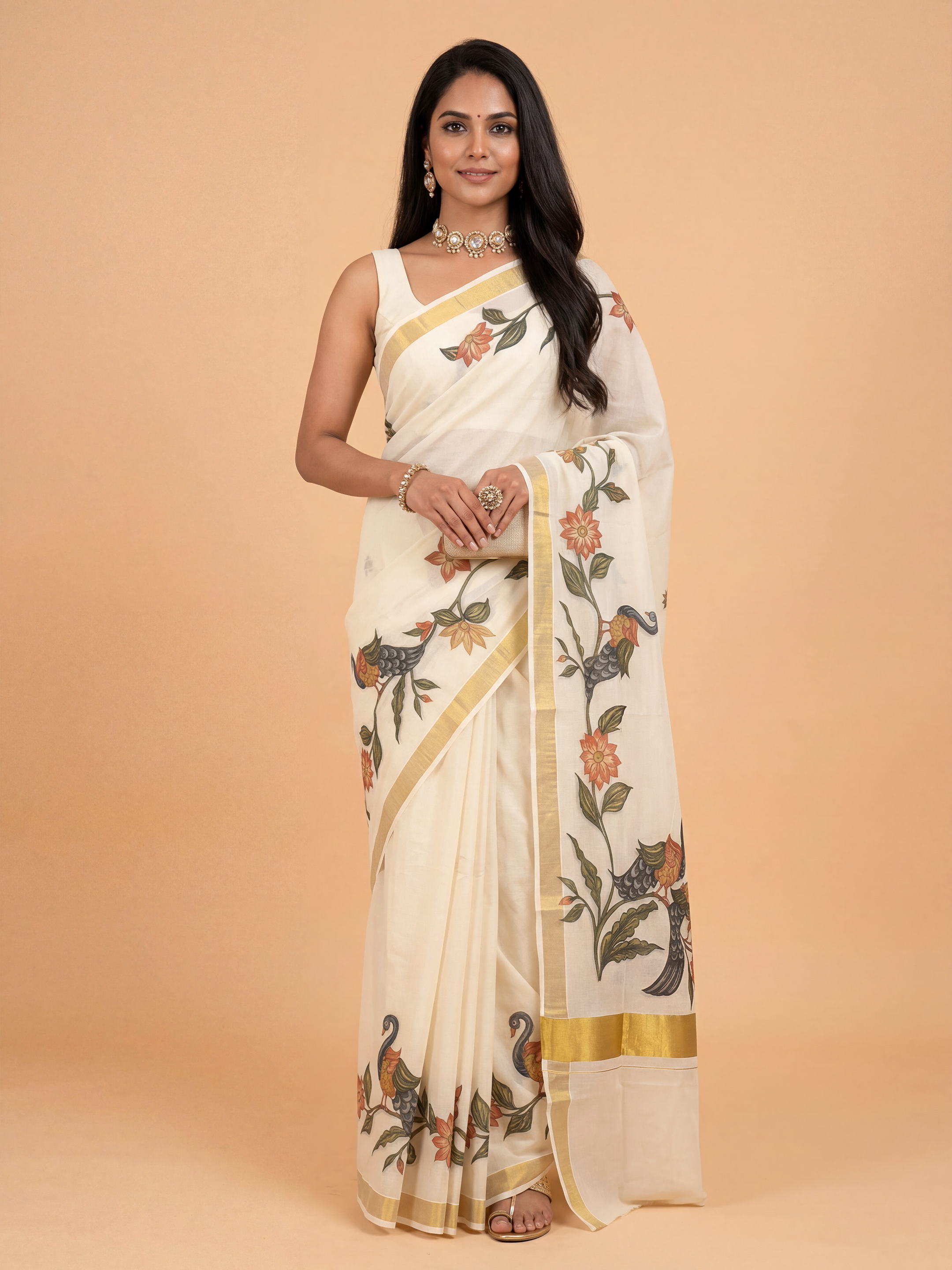Women Kora Cotton Cream Floral Printed Kerala Saree KLS09