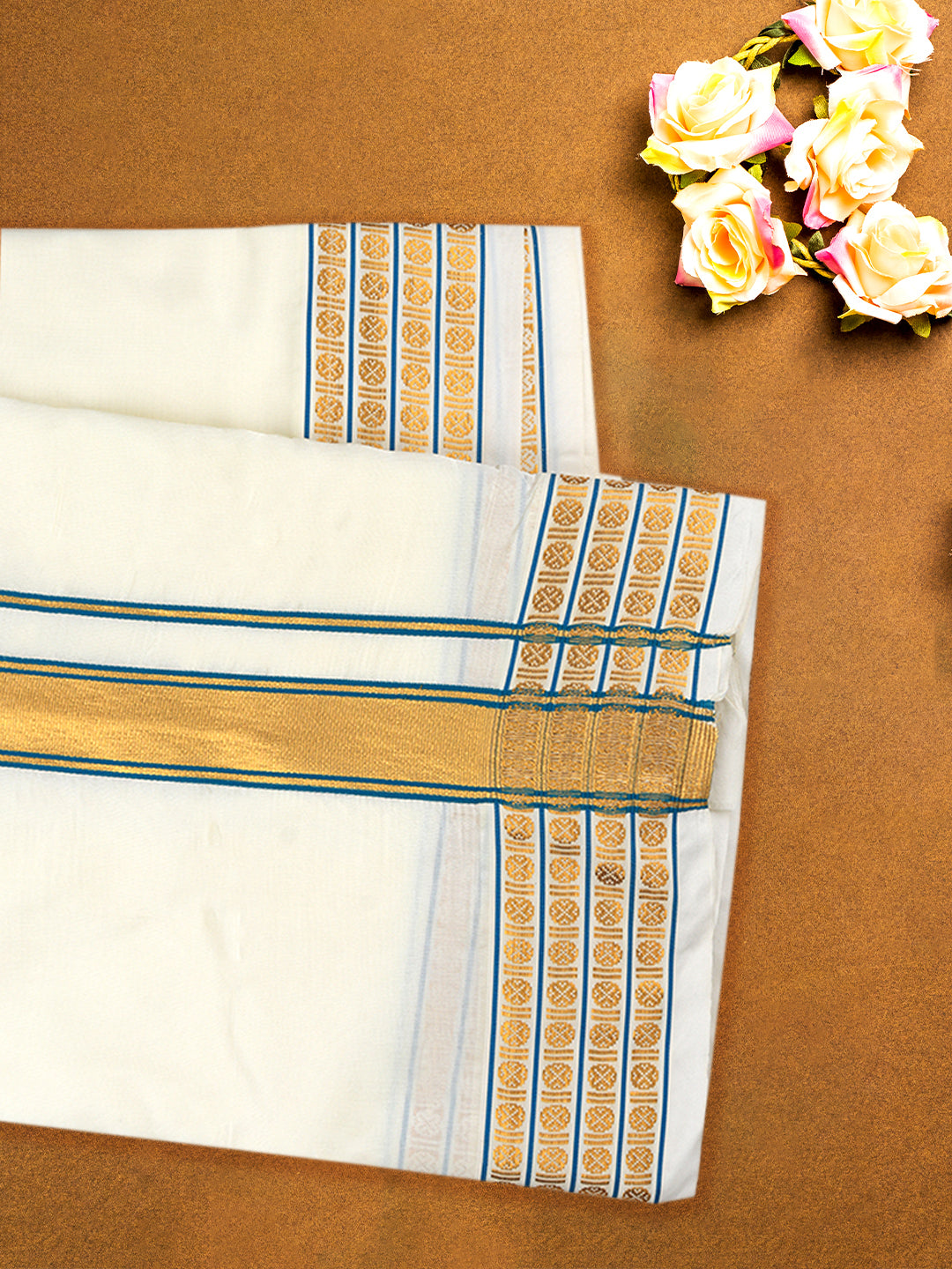 Men Art Silk Panchakacham with Angavashtram Cream(9+5)