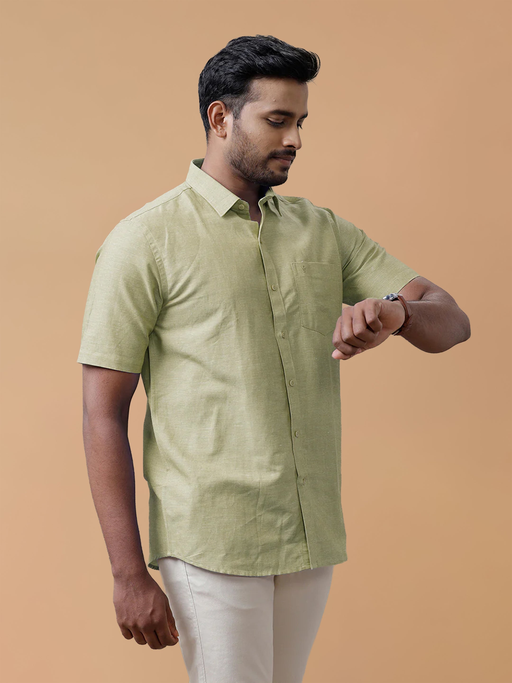 Linen Cotton Olive Green Regular Fit Shirt LF25