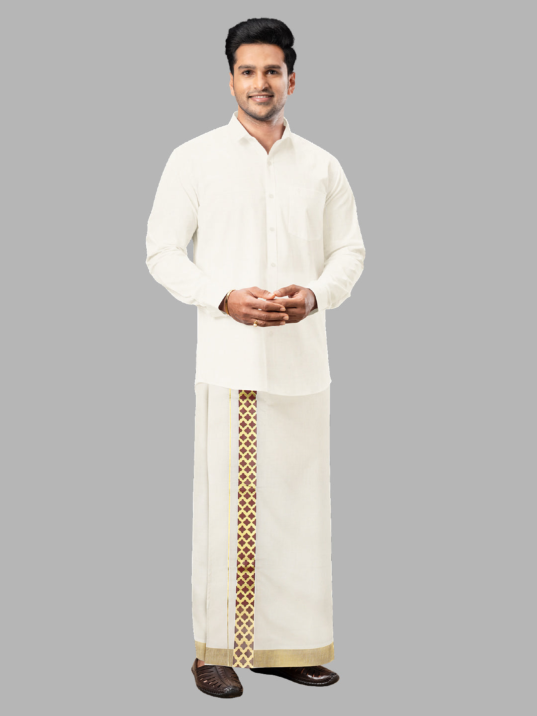 Men Kora Cotton Double Layer Dhoti with Fancy Jari Border Pazhassi Royal Red