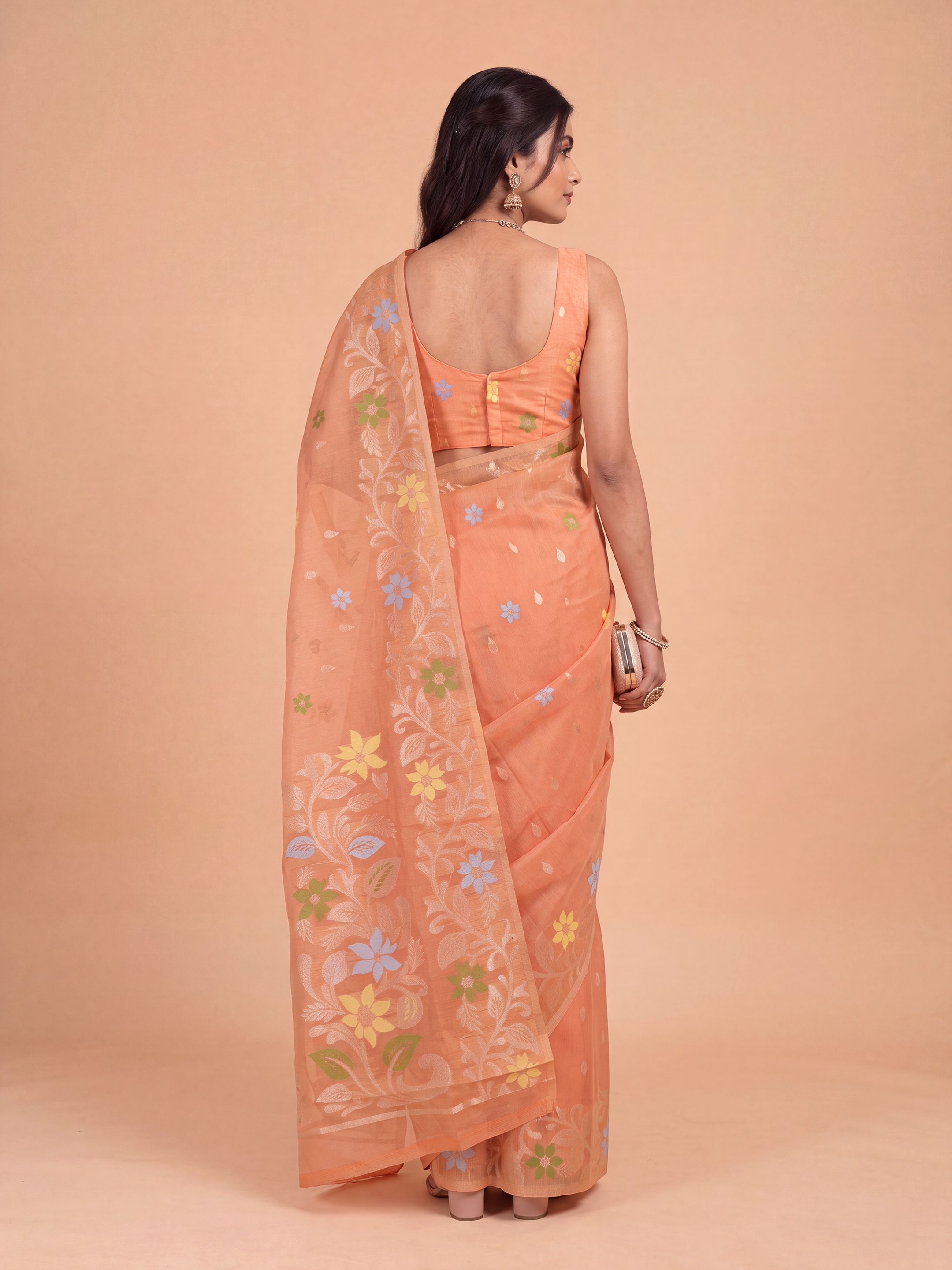 Women Orange Spun Poly Printed Saree SP13